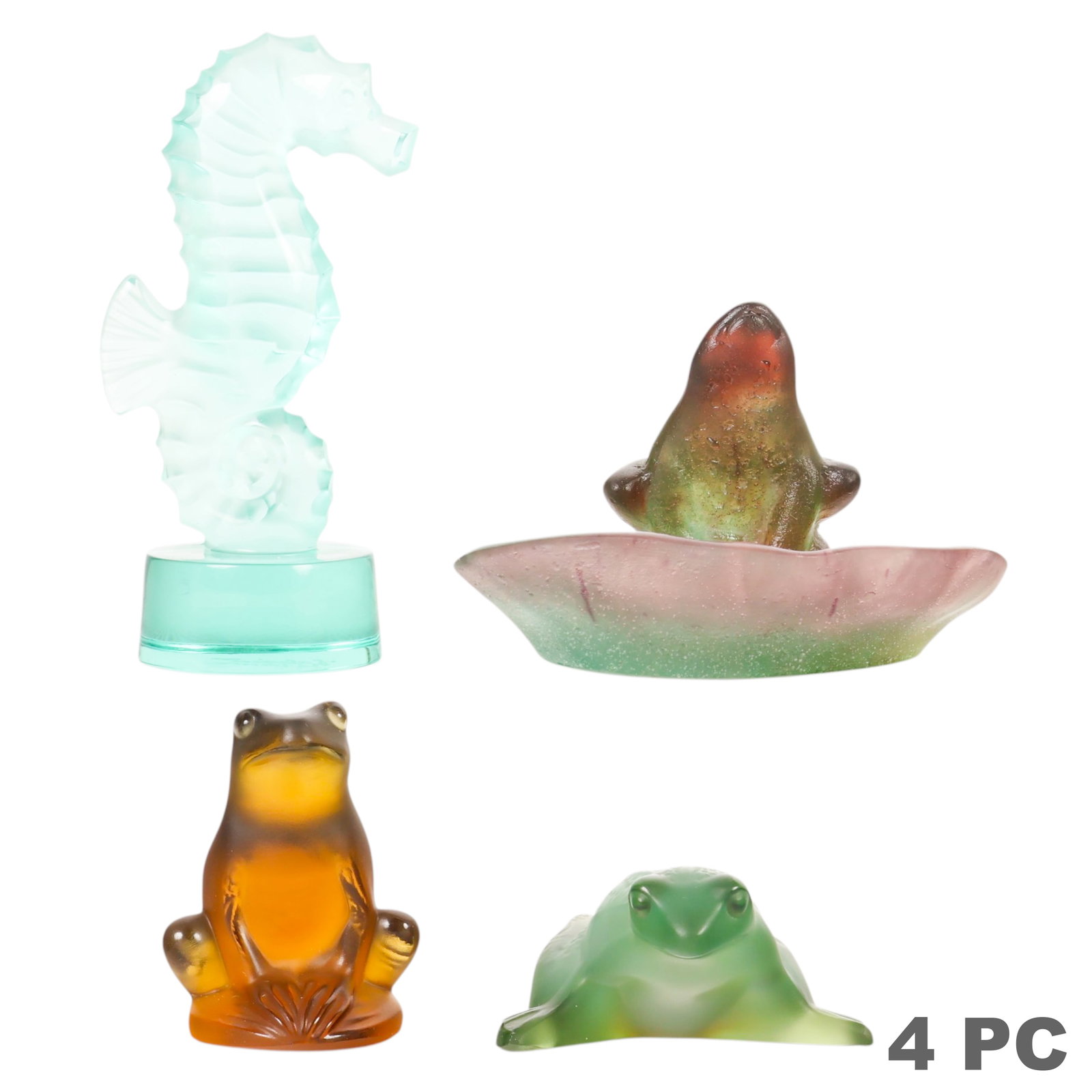 Lalique & Daum French Glass Frog Figurines 4pc LOT: Lot of four French art glass figures comprising three Lalique frosted crystal figures, including two frogs and one seahorse, together with one Daum France pate-de-verre-style frog on a lily pad tray. 