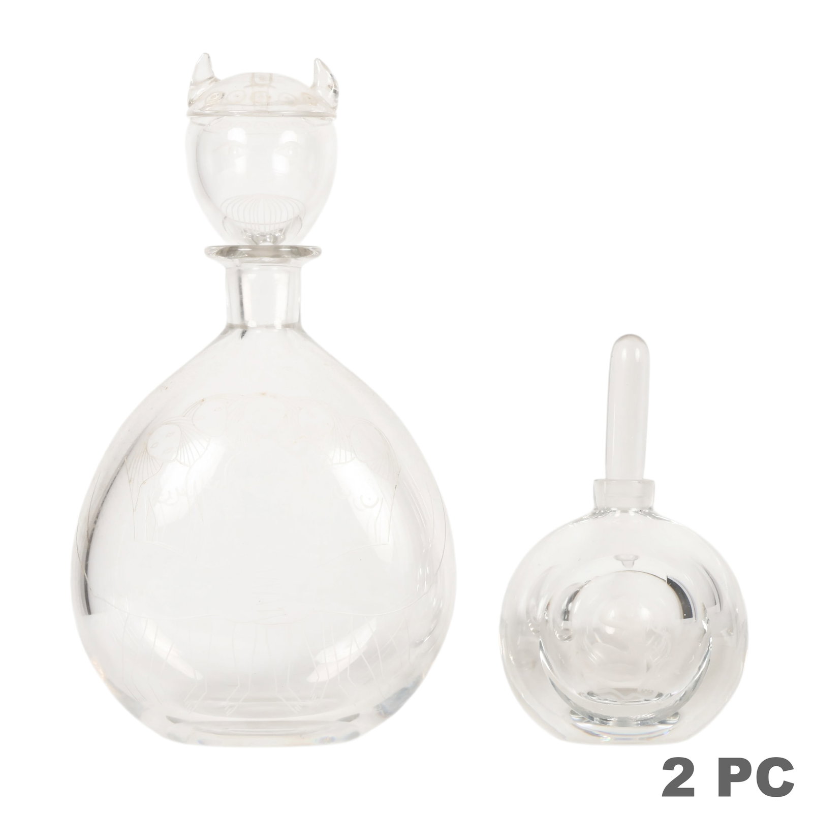Orrefors Etched Decanter & Perfume Bottle 2pc LOT: Orrefors lot of two etched crystal vessels comprising one spherical decanter with matching stopper formed as a stylized Viking head with a bearded face and horn-like projections, the body acid etched 