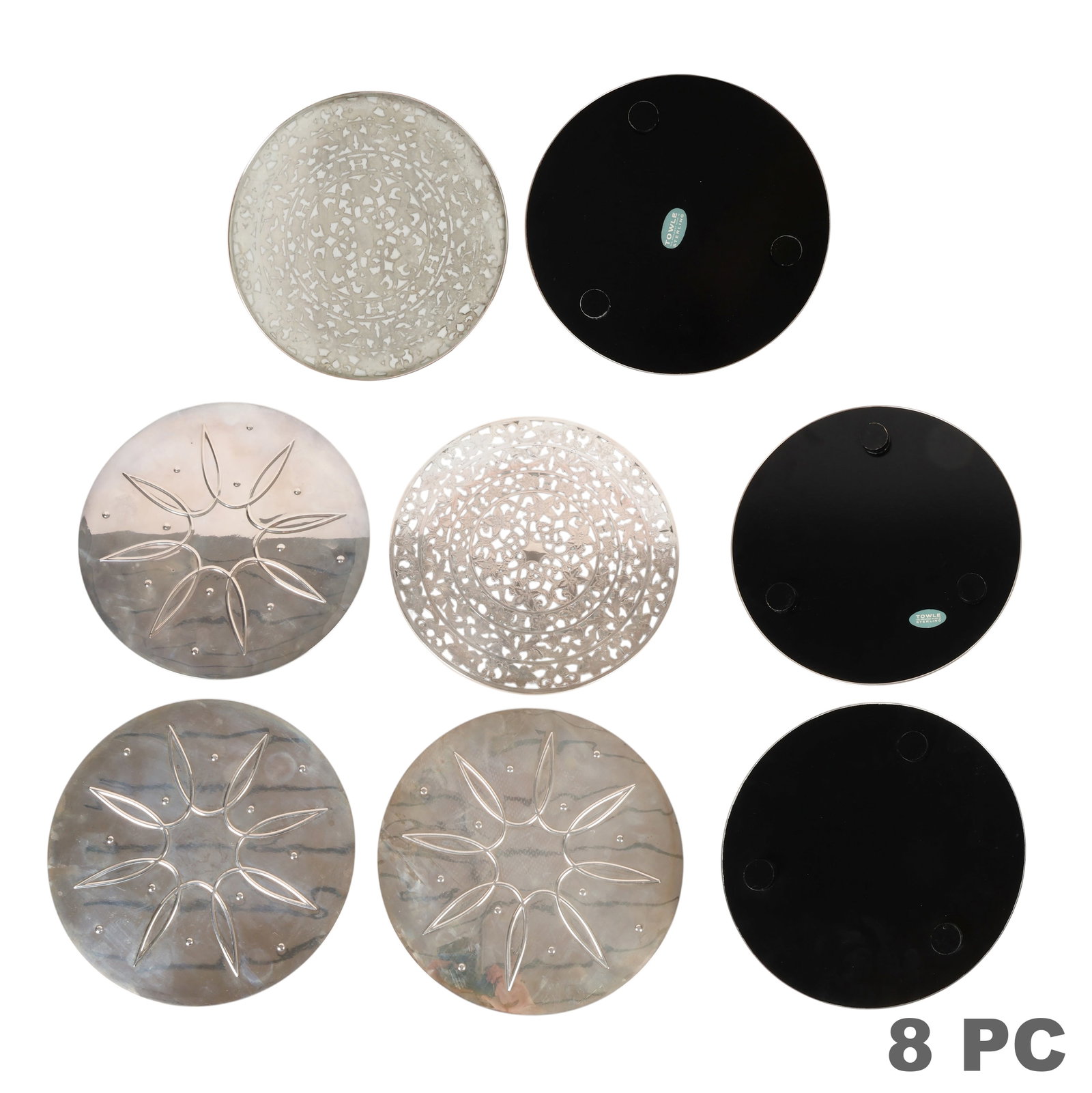Sterling Silver Overlay Glass Trivet Tray 8pc LOT: Lot of eight sterling silver and sterling silver overlay glass trivets comprising four Towle mid-century modern sterling silver round trivets with radiating leaf motif, including one 8-inch example an