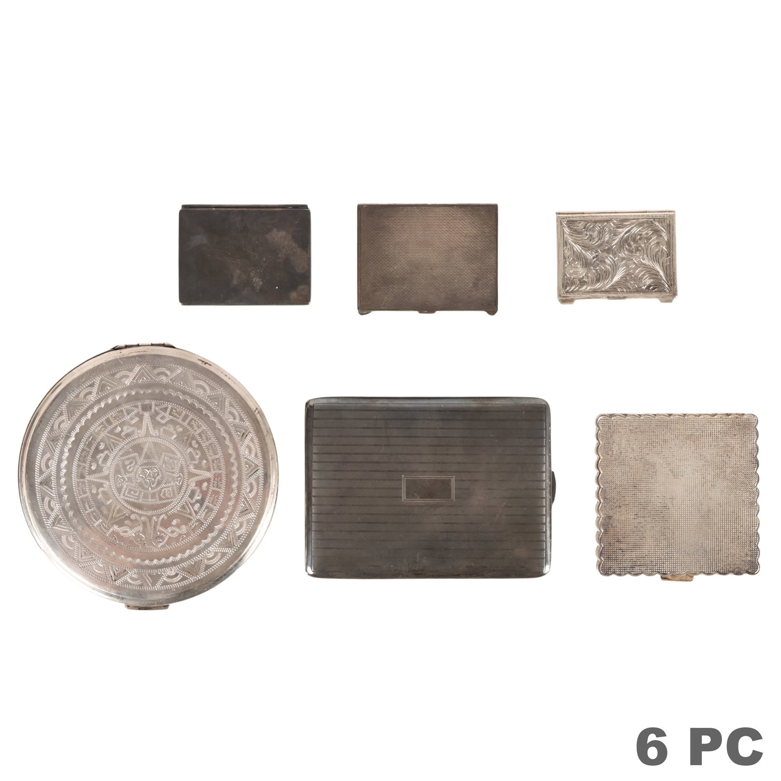 Sterling Silver Frames Mirror Match Box & More LOT: Lot of seven assorted sterling silver personal accessories comprising one rectangular cigarette case with a gilt interior, one square engine-turned compact, one round engraved Mexican sterling silver 