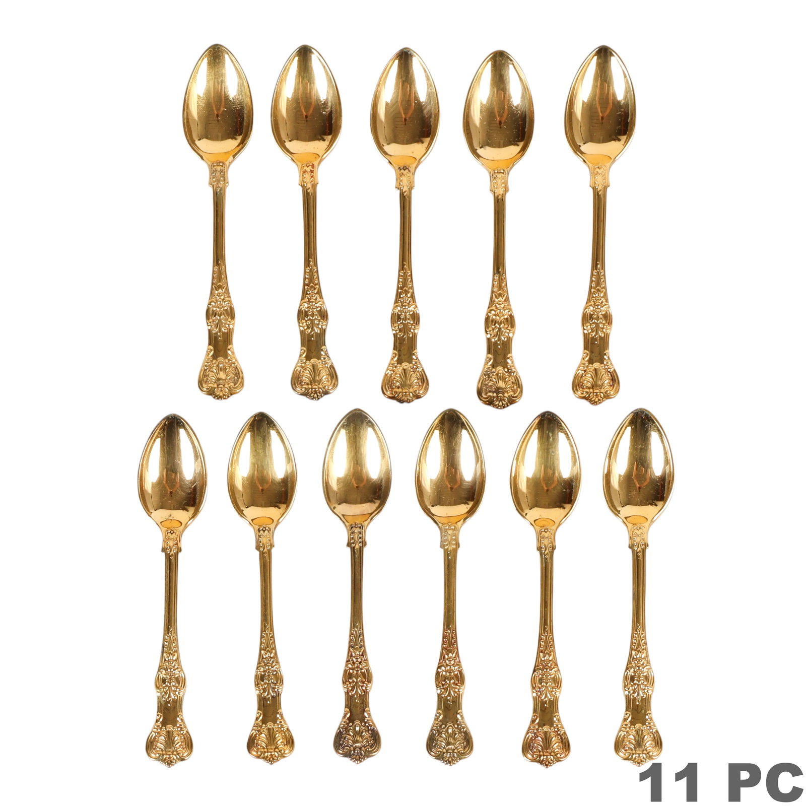 Gilt Sterling Tiffany & Co. Demitasses Spoons 11pc: Set of six Tiffany & Co. gilt sterling silver demitasse spoons in the English King pattern, each featuring a gold-washed bowl and an ornate Rococo-style handle. All are marked Tiffany & Co. Sterling. 