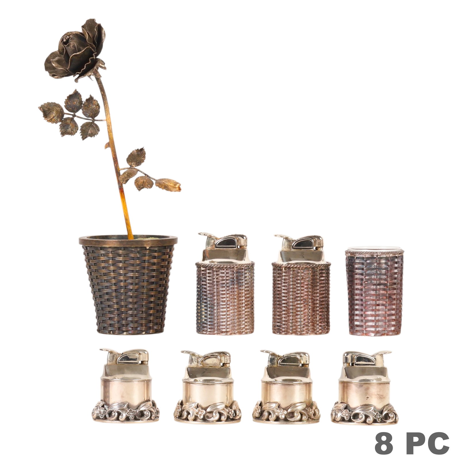 Sterling Silver Table Lighter SETS & MORE 7pc LOT: Lot of eight decorative silver articles comprising four International Sterling table lighters with floral repousse decoration; two matching woven sterling silver table lighters by Lunt, Mexico; one ma