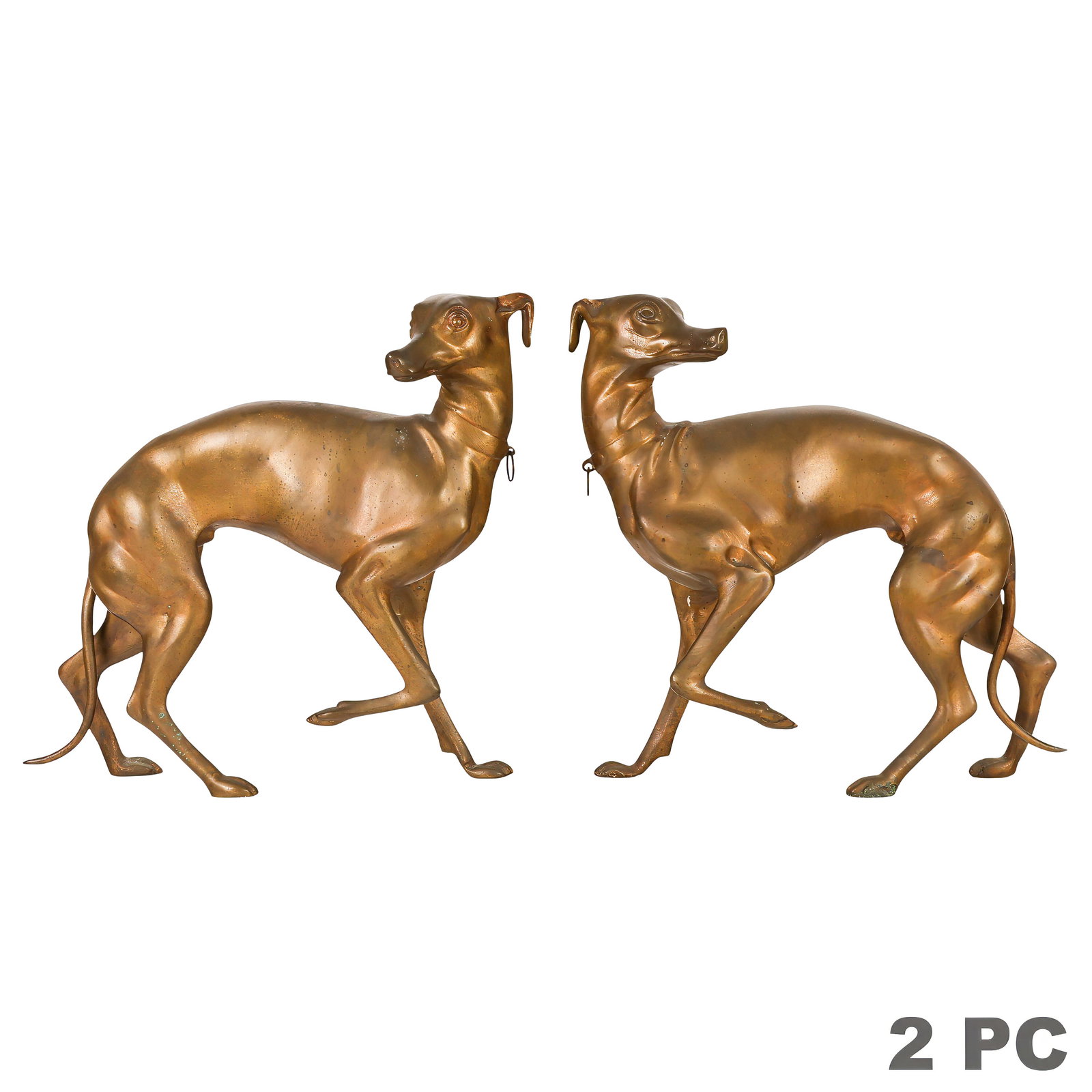 Opposing Pair of Bronze Whippet Dog Sculptures: Pair of cast bronze sculptures depicting opposing standing Whippet or Italian Greyhound dogs in alert poses with elongated, naturalistic forms. Each features a patinated finish and is fitted with a br