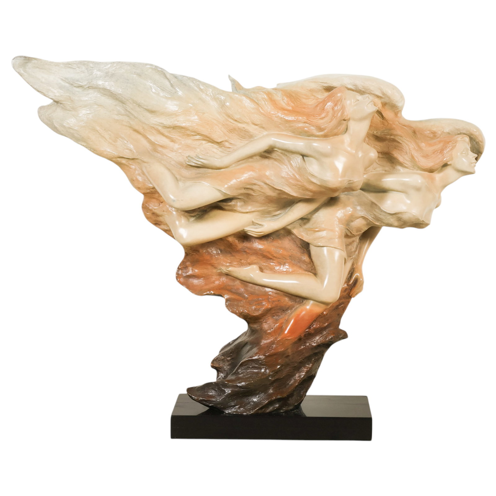 Gaylord Ho b1950 Dance of Passion Bronze Sculpture: Gaylord Ho (American, born 1950), Dance of Passion, bronze sculpture depicting two ethereal semi-nude female figures emerging in flight from a swirling wave- or cloud-like form above a naturalistic ba