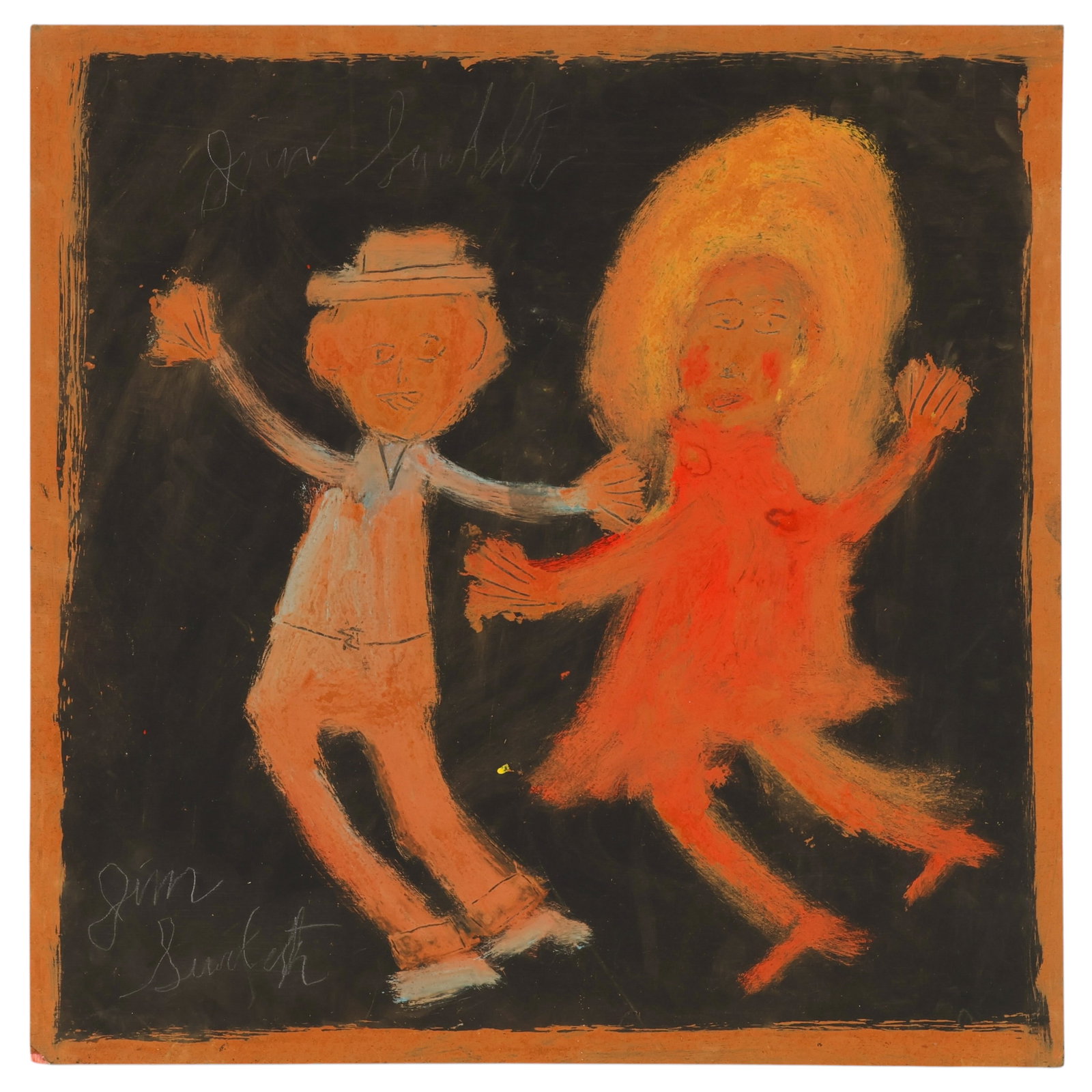 Jimmie Lee Sudduth 1910-2007 Figural Oil Painting: Jimmie Lee Sudduth (American, 1910-2007), , mud and oil on wood panel, depicting a dancing couple holding hands, with the male figure wearing a brimmed hat and the female figure in a flowing dress, re