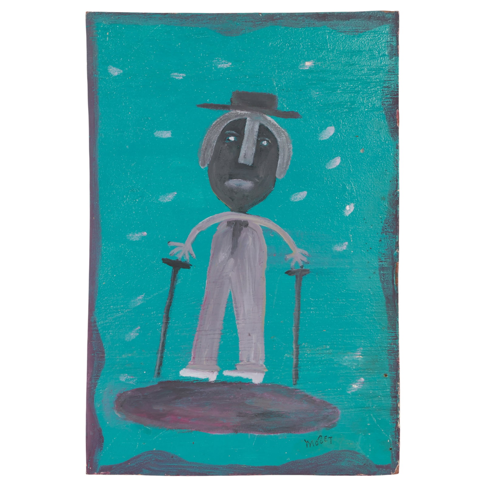 Mose Ernest Tolliver 1920-2006 Cane Man Painting: Mose Ernest Tolliver (American, 1920-2006), oil on wood panel depicting a stylized standing figure wearing a broad-brimmed hat and holding two walking sticks, rendered in the self-taught naive folk ar