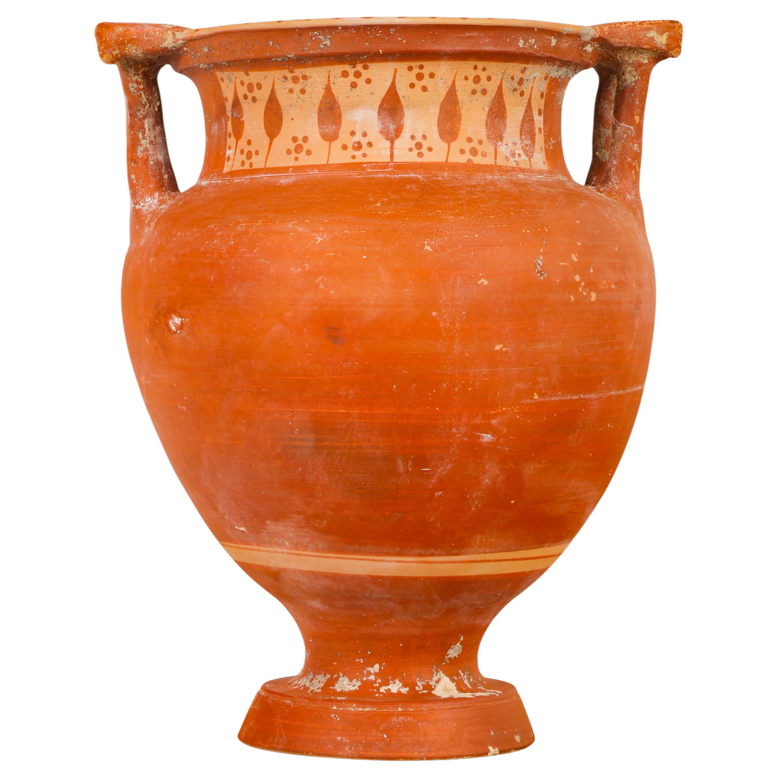 South Italian Style Terracotta Column Krater Vase: South Italian-style terracotta column krater of classical form, featuring opposing horizontal loop handles and a broad cream-colored neck band decorated with stylized ivy leaves and dotted ornament in