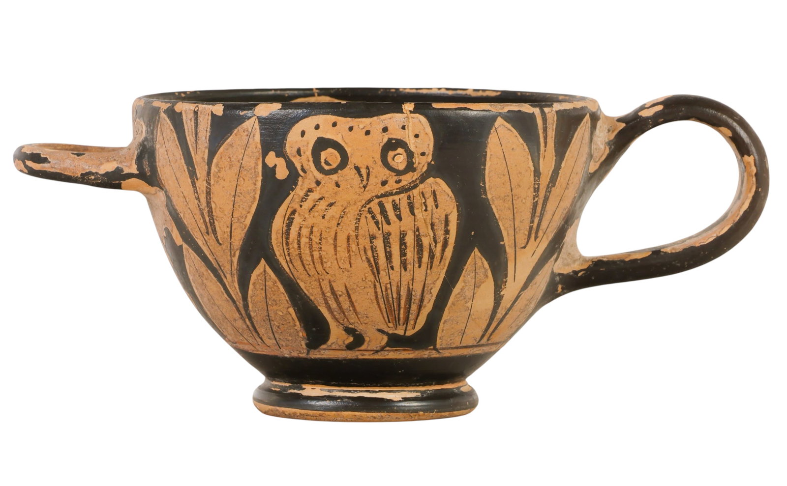 Ancient Greek Style Attic Owl Skyphos Cup with COA: Ancient Greek style Attic black-figure terracotta skyphos with opposing horizontal loop handles and a ring foot. The exterior is decorated with stylized owls, symbolic of Athena, alternating with foli