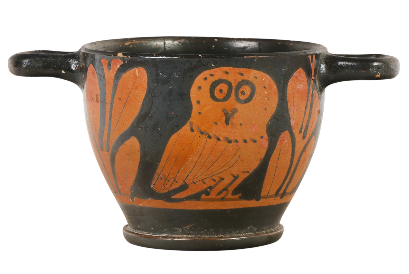 Ancient Greek Apulian Owl Skyphos Cup with COA: Ancient Greek style Apulian terracotta skyphos with opposing horizontal loop handles and a ring foot. The exterior is decorated with stylized owls, symbolic of Athena, alternating with foliate ornamen