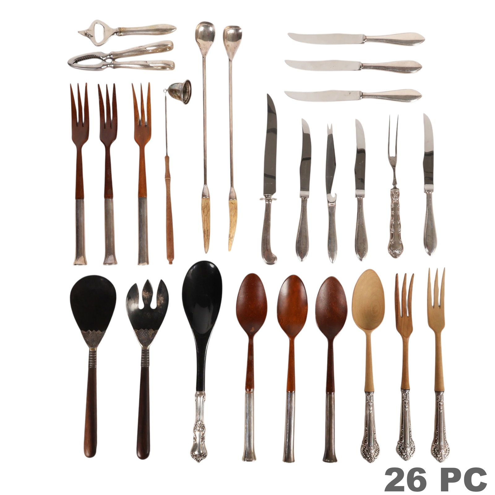Sterling Silver Handled Flatware and MORE 26pc LOT: Lot of 26 sterling silver handled and weighted serving articles comprising of a nutcracker designed by Elsa Peretti for Tiffany & Co., a set of six Sheffield Revere sterling silver-handled steak knive