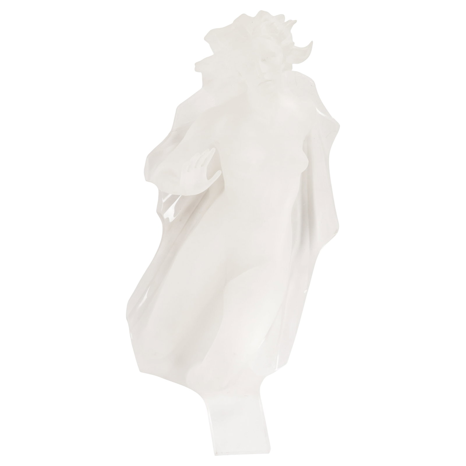 Frederick Hart 1943-1999 Nude Acrylic Sculpture: Frederick Elliott Hart (American, 1943-1999), frosted lucite relief sculpture depicting a female nude emerging from a clear acrylic block, executed as an integral sculptural form. Signed and inscribed