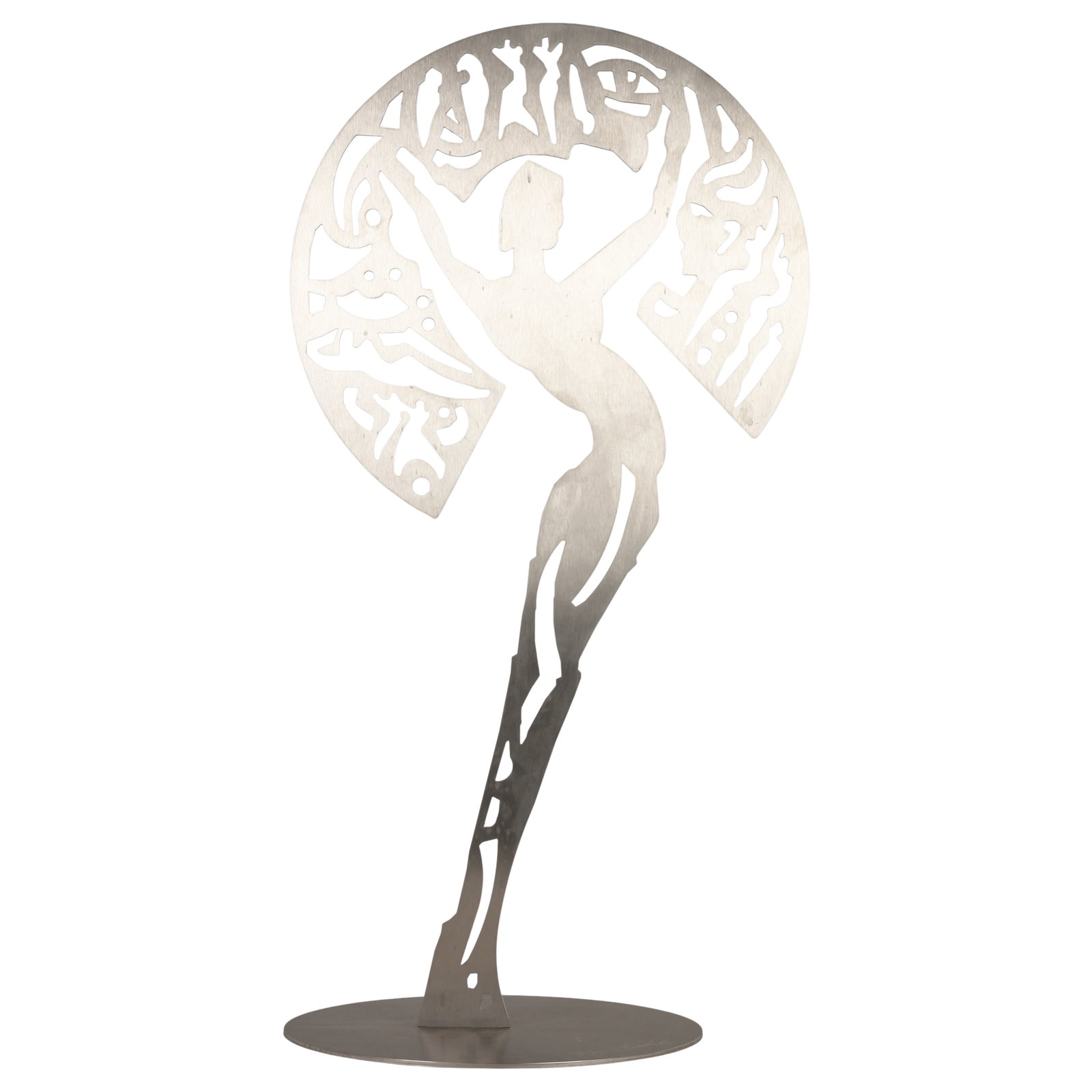 Alfred Gockel b.1952 Art Deco Silhouette Sculpture: Alfred Alexander Gockel (German, born 1952), Tree of Memories I, brushed stainless steel sculpture depicting an Art Deco-style stylized female figure with raised arms set within a circular openwork su