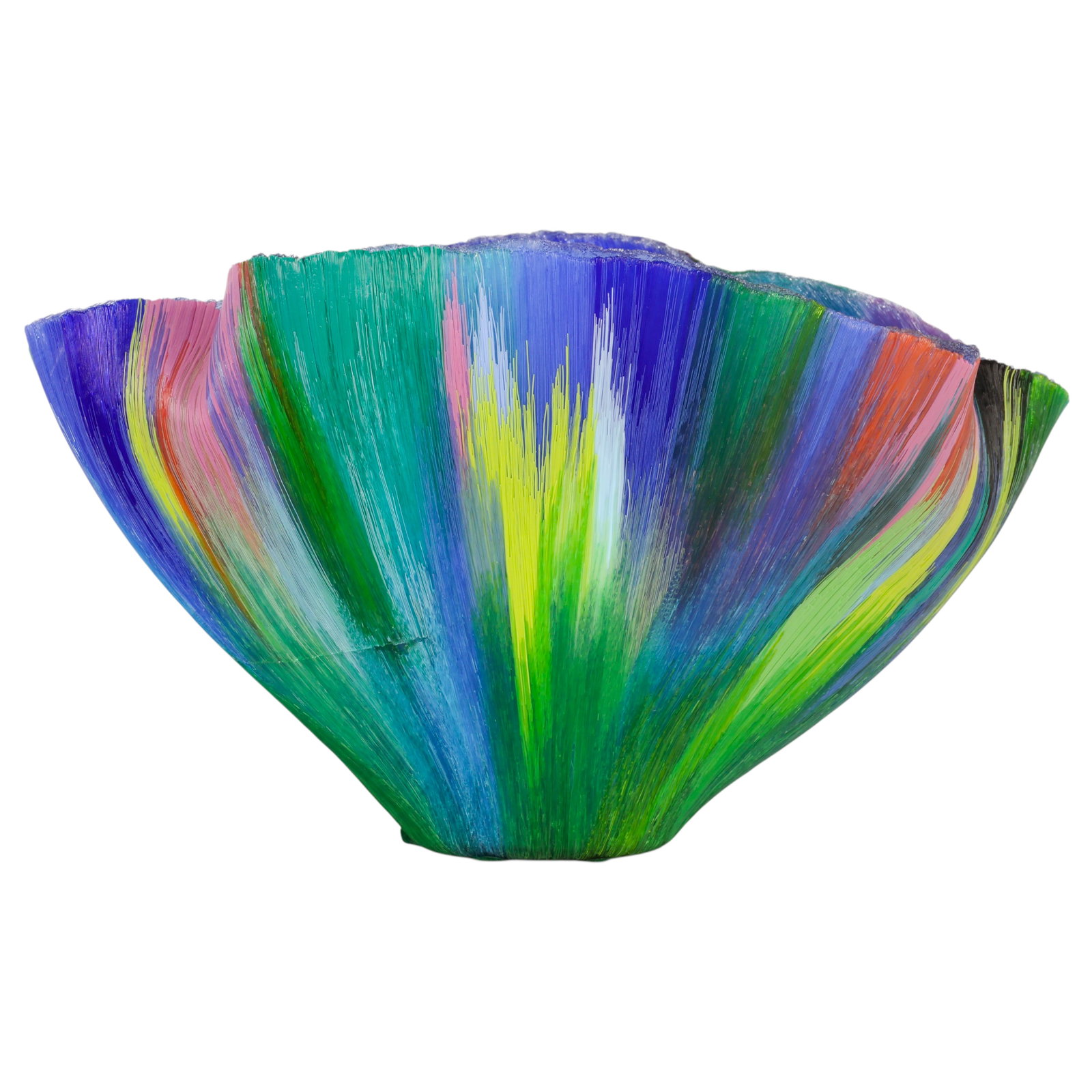 Toots Zynsky b.1951 Threaded Art Glass Centerpiece: Toots Zynsky (American, born 1951), threaded art glass centerpiece bowl executed in the artist's signature filet-de-verre technique of fused and thermoformed glass threads. The freeform vessel feature