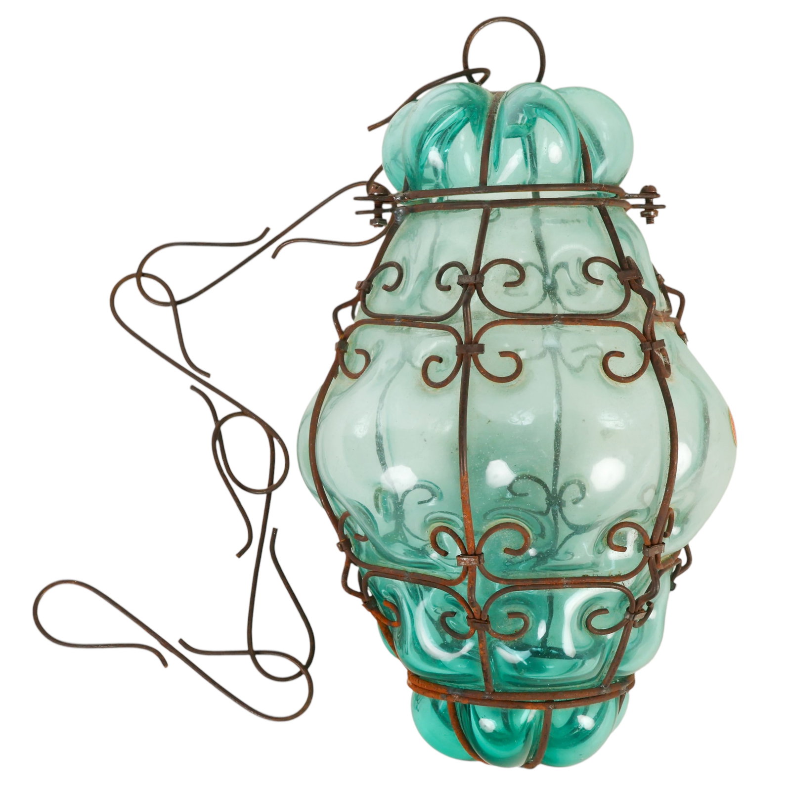 Vintage Murano Caged Glass Hanging Pendant Lamp: Murano art glass hanging lantern light fixture featuring a hand-blown aqua-blue lobed glass shade enclosed within a decorative wrought iron cage with scrolling motifs. Retains the Archimede Seguso Mur