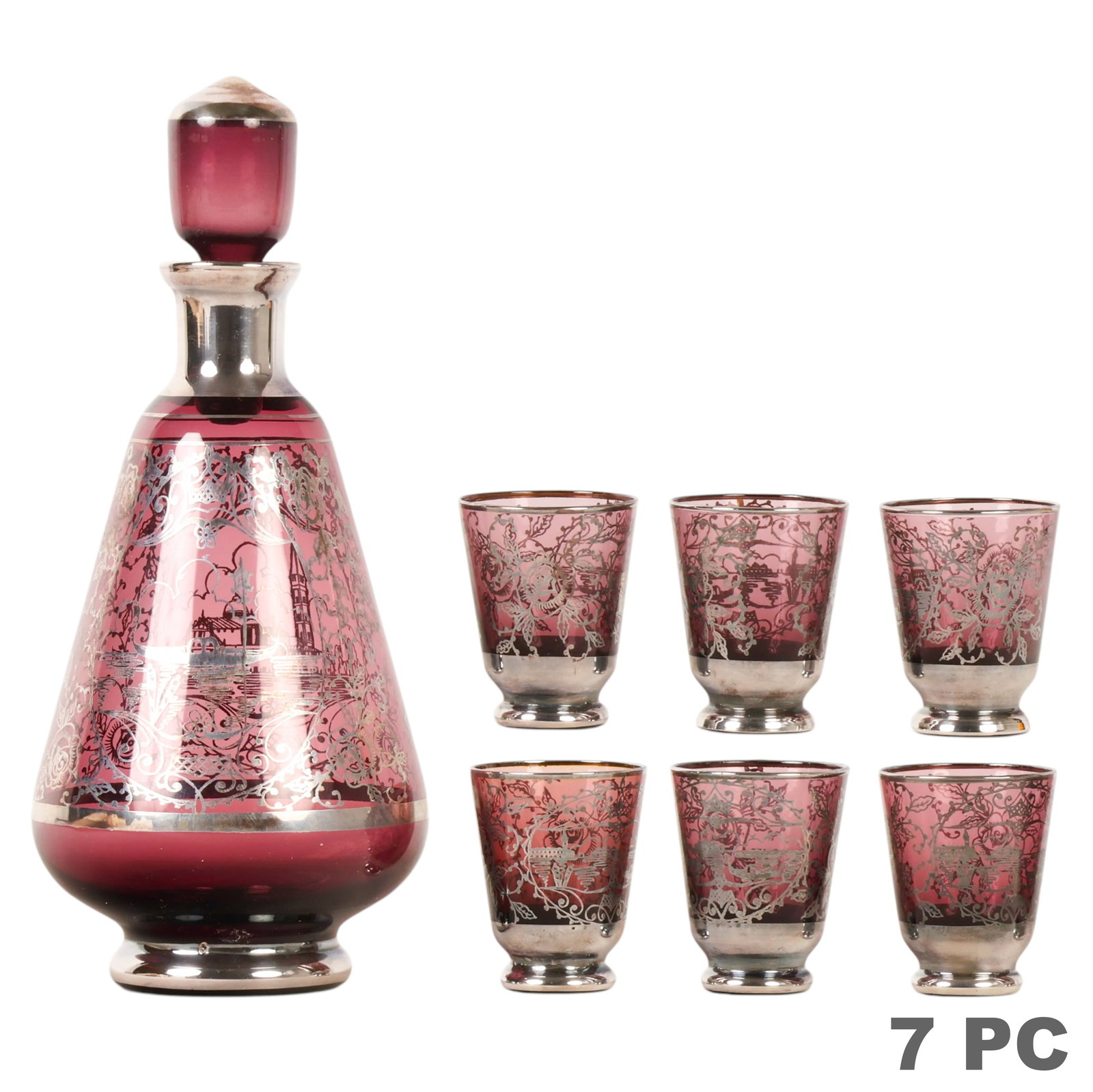 Amethyst Silver Overlay Glass Decanter Cordial SET: Venetian style 20th century amethyst glass barware cordial service comprising one decanter with stopper and six matching cordial cups. Each piece features silver overlay decoration with floral scrollw