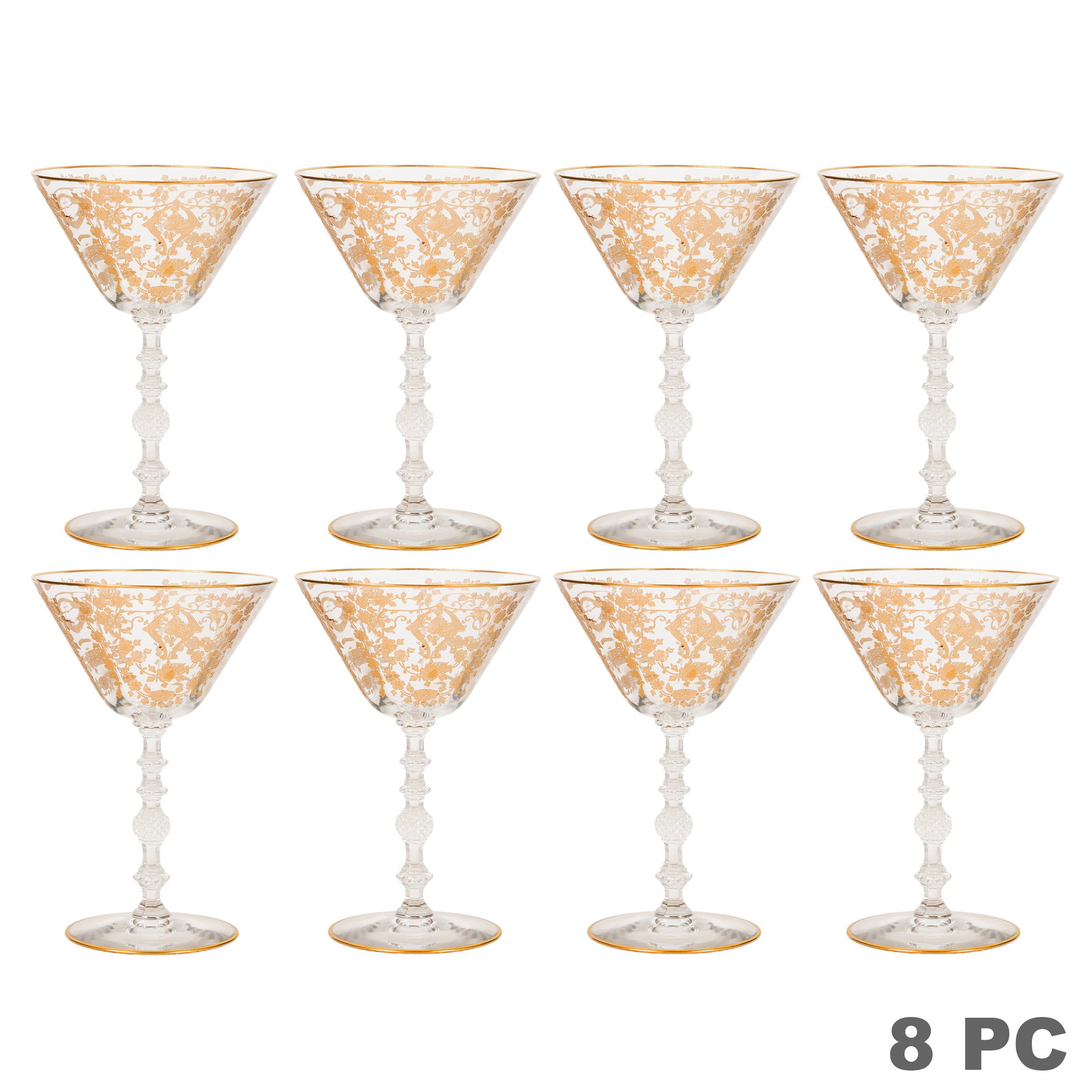 Gilt Decorated Crystal Champagne Coupes 8pc SET: Set of eight crystal champagne coupes, each featuring a trumpet-form bowl with extensive gilt floral and foliate decoration, a gilt band encircling the rim, a knopped clear crystal stem, and a circula