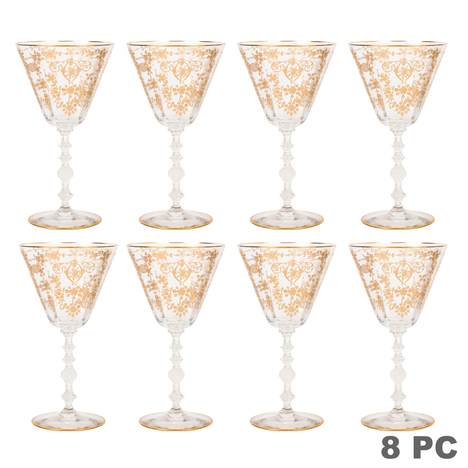 Gilt Decorated Fine Crystal Wine Goblets 8pc SET: Set of eight crystal wine goblets, each featuring a tapered bowl with extensive gilt floral and foliate decoration, a gilt band encircling the rim, an air-twist style knopped stem with faceted ball kn
