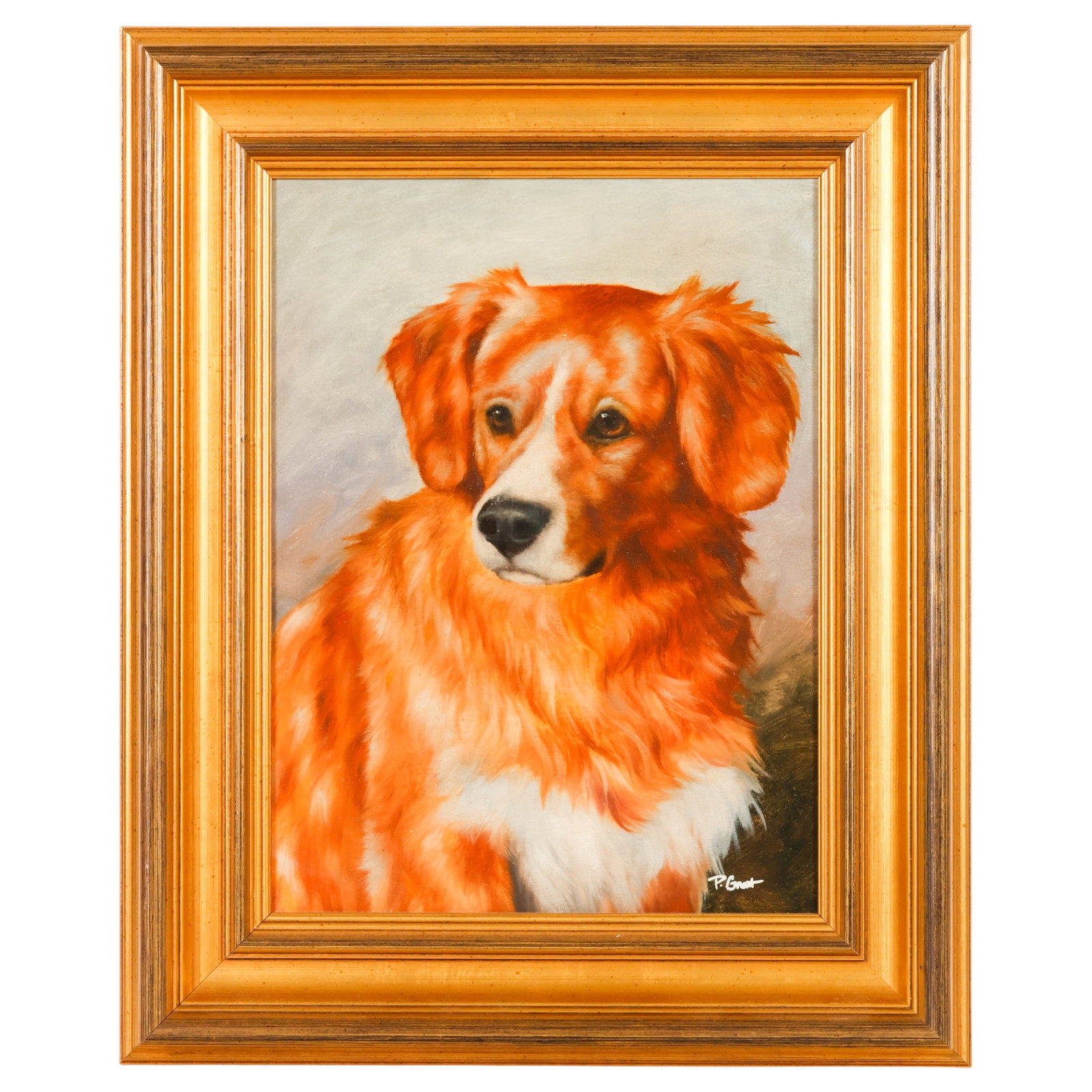 Golden Retriever Dog Portrait Oil Painting SIGNED: Oil on canvas depicting a golden-coated retriever, likely a Nova Scotia Duck Tolling Retriever, shown in a three-quarter portrait against a muted background. Signed lower right (illegible). Presented 