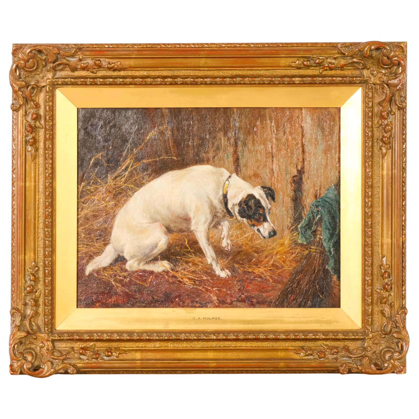 George Augustus Holmes 1822-1911 Terrier Painting: George Augustus Holmes (British, 1822-1911), antique oil on canvas depicting a Jack Russell-type terrier dog cautiously approaching something just beyond view inside a rustic stable. Signed lower left