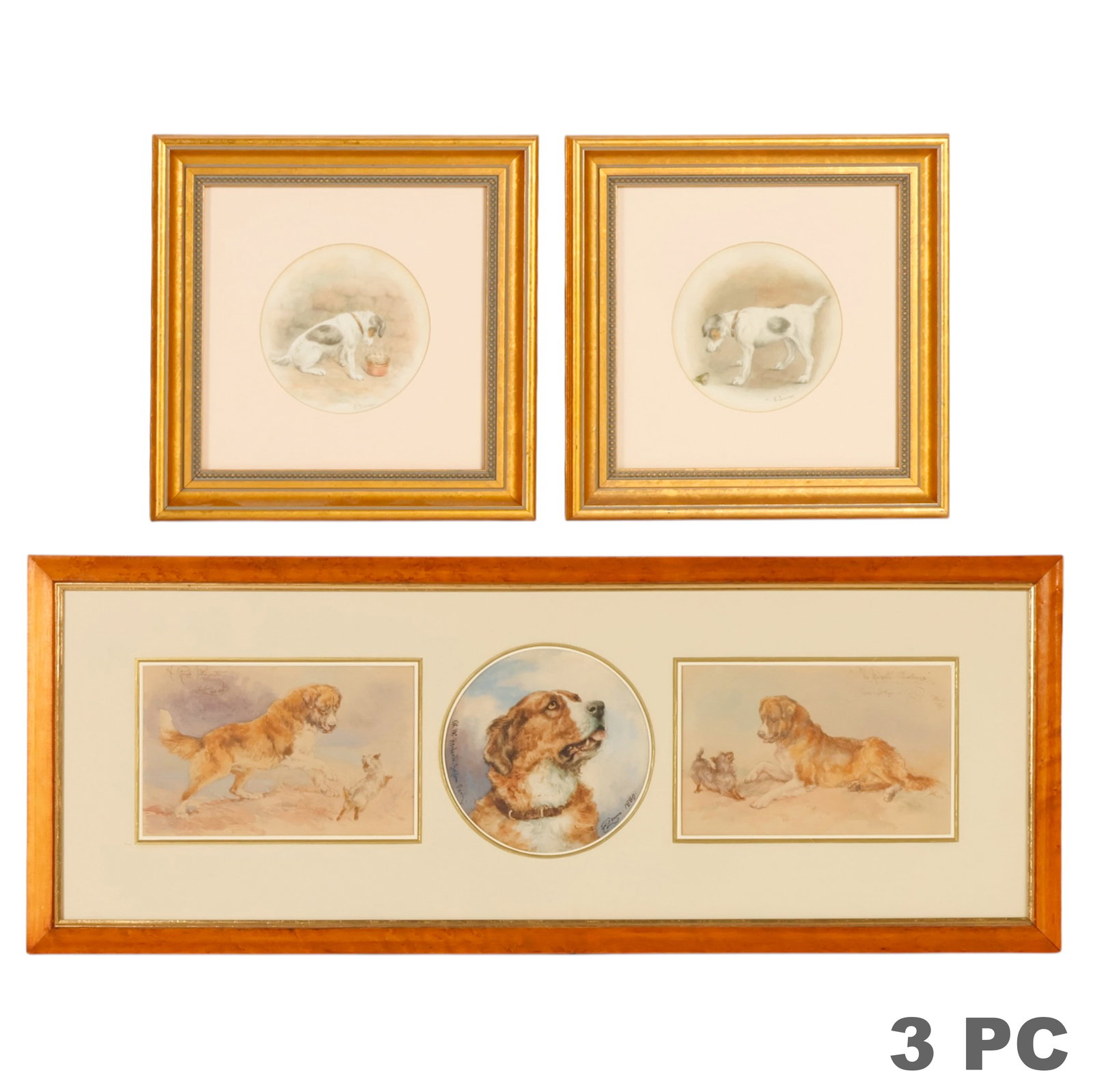George Earl and Edith Isaac 19C Dog Paintings LOT: Lot of three dog studies comprising a triptych after George Earl (British, 1824-1908), depicting a Saint Bernard with terriers in two rectangular scenes flanking a central circular portrait of a Saint