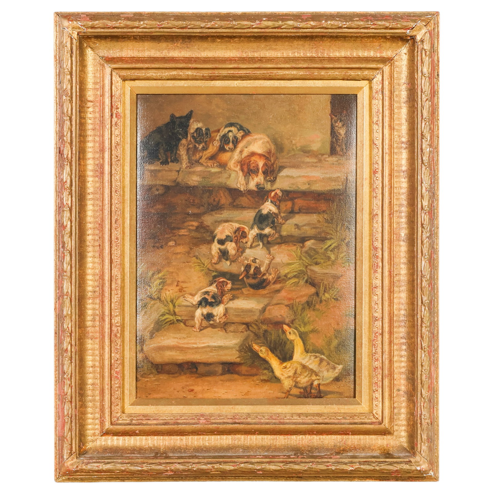 Antique Barnyard Foxhound and Puppies Oil Painting (1 of 7)