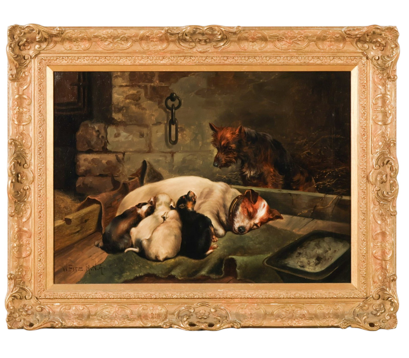William Fitz 19C Nursing Terrier Puppies Painting: William Fitz (American, 19/20th century), antique oil on canvas depicting a sleeping Jack Russell Terrier nursing a litter of puppies inside a rustic kennel while a Yorkshire Terrier/Cairn