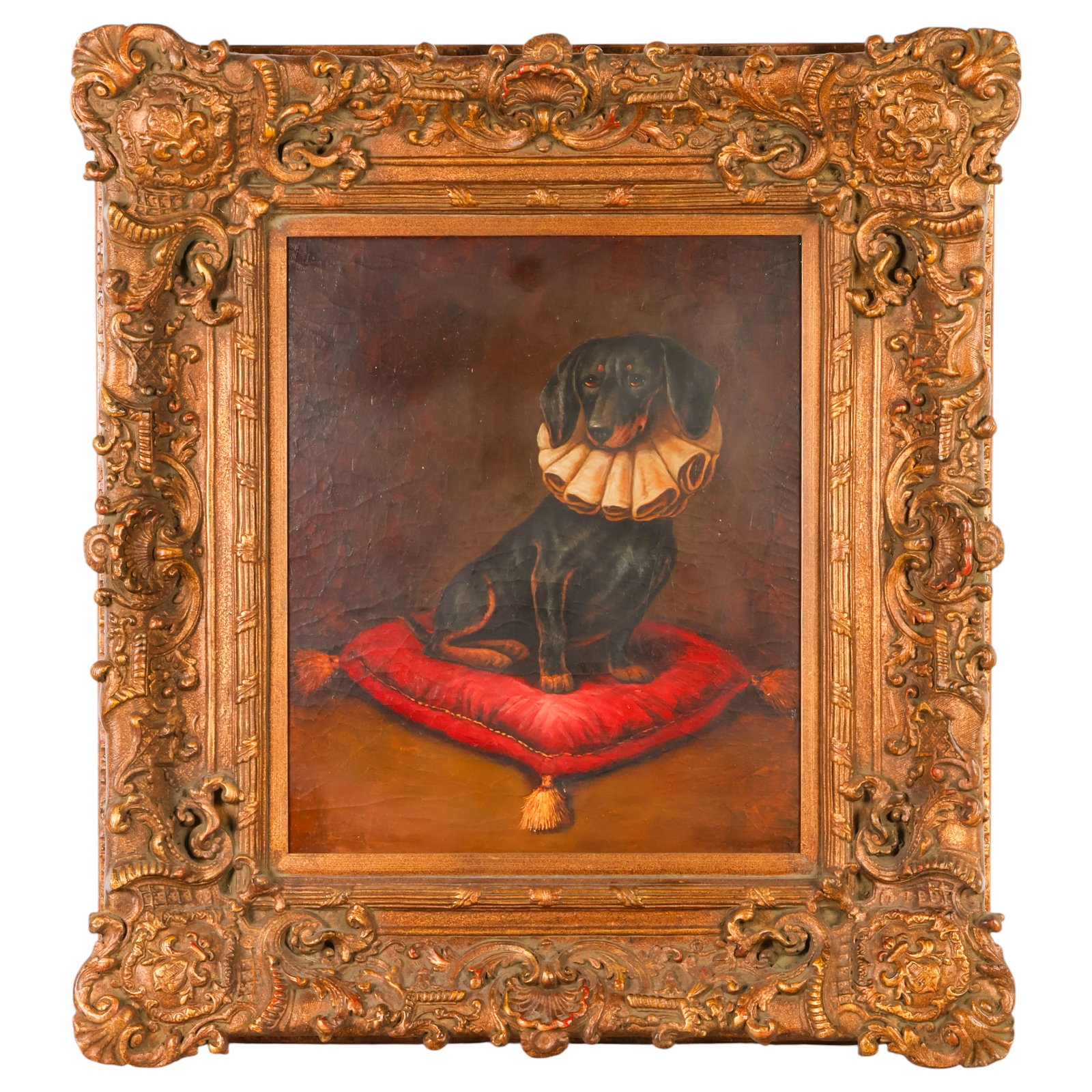 Continental Dachshund with Ruff Portrait Painting: Continental School-style oil on board depicting a black-and-tan Dachshund seated upon a red tasseled cushion and wearing an Elizabethan-style pleated ruff collar. Rendered against a dark neutral