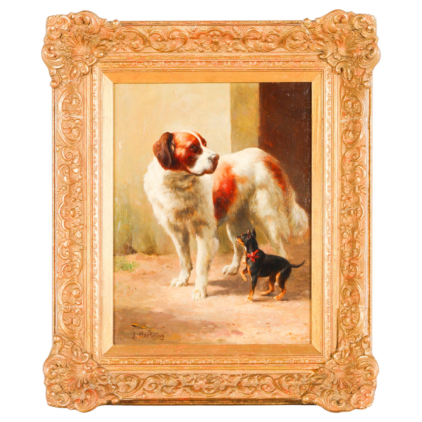 Carl Reichert 1836-1918 Saint Bernard Oil Painting: J. Hartung, also known as Carl Reichert (German, 1836-1918), antique oil on board depicting a barnyard scene featuring a standing St. Bernard accompanied by a black-and-tan Miniature Pinscher. Artist