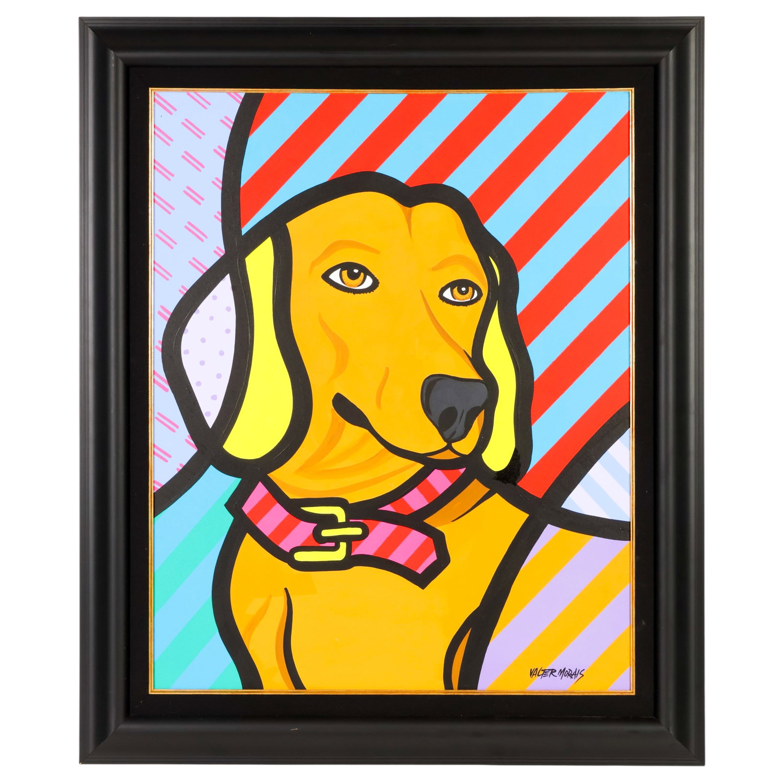 Valter Morais b.1948 Pop Art Dachshund Painting: Valter Morais (Brazilian, born 1948), acrylic on canvas depicting a stylized Dachshund rendered in the artist's distinctive Pop Art style with bold black outlines and vibrant geometric bands of