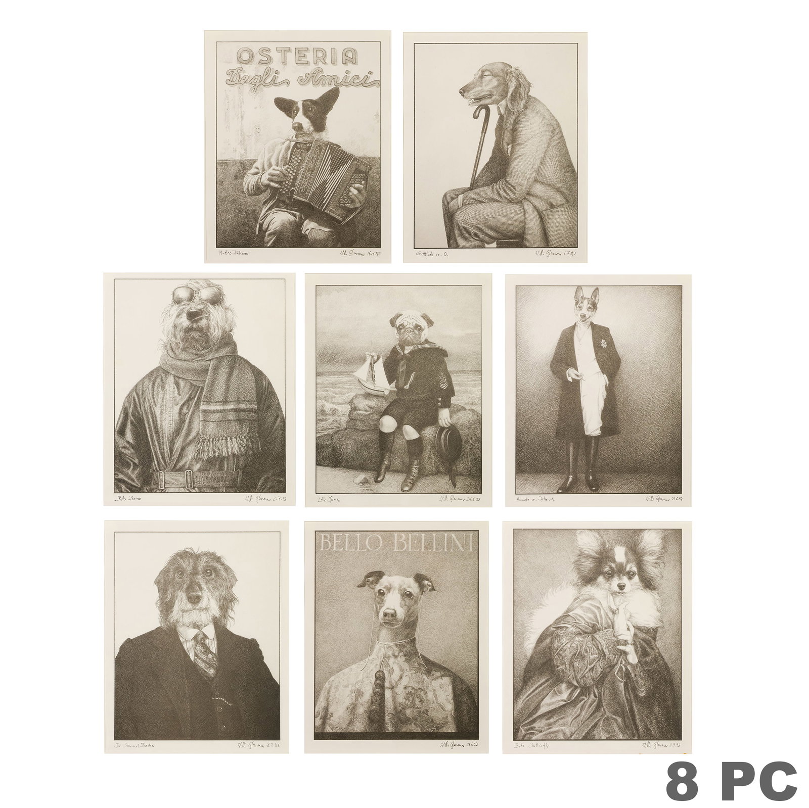 W. Glasauer b.1938 Dog Portraits 8pc Prints SIGNED: Complete framed set of eight black and white prints by Czech artist Willi Glasauer (born 1938), depicting whimsical anthropomorphic dog portraits including a Pug, Jack Russell Terrier, Greyhound, Papi