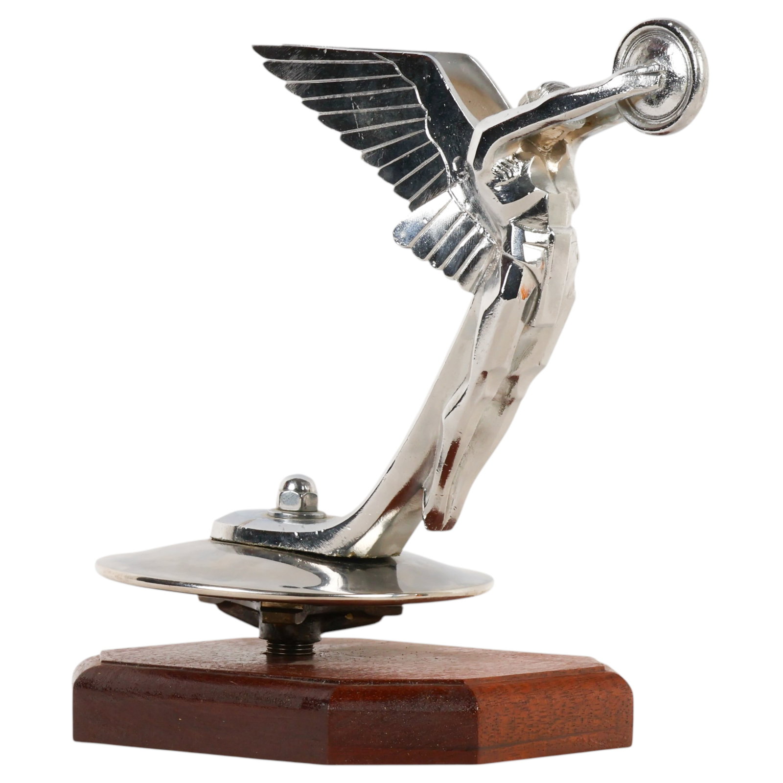 Isotta Fraschini Chrome Plate "Tromphe" Car Mascot: Isotta Fraschini Triomphe automobile radiator mascot after the iconic Art Deco design by Frederick Bazin (French, 1897-1956). The chrome-plated metal figure depicts the streamlined Spirit of Triumph