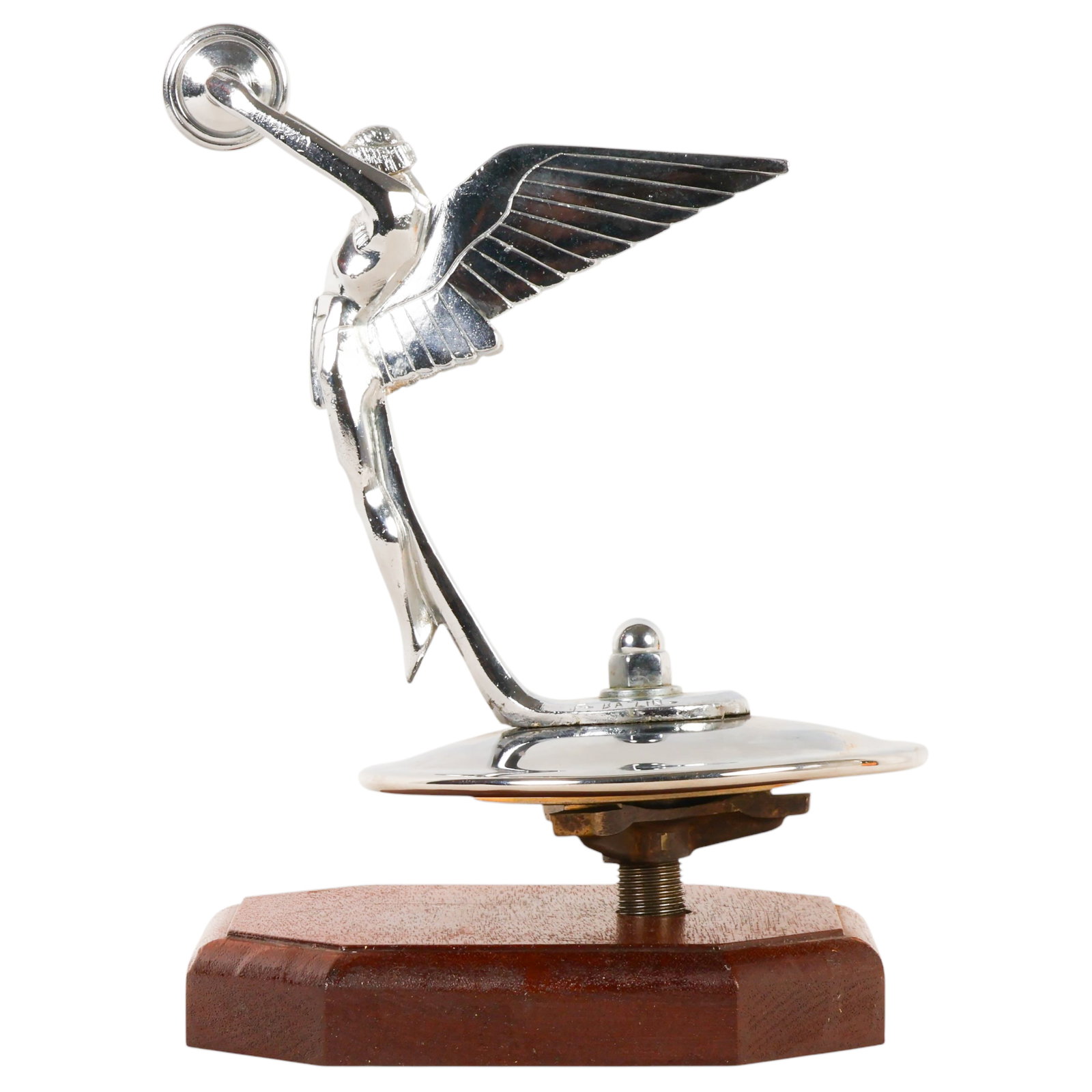 Isotta Fraschini Chrome Plate "Tromphe" Car Mascot: Isotta Fraschini Triomphe automobile radiator mascot after the iconic Art Deco design by Frederick Bazin (French, 1897-1956). The chrome-plated metal figure depicts the streamlined Spirit of Triumph