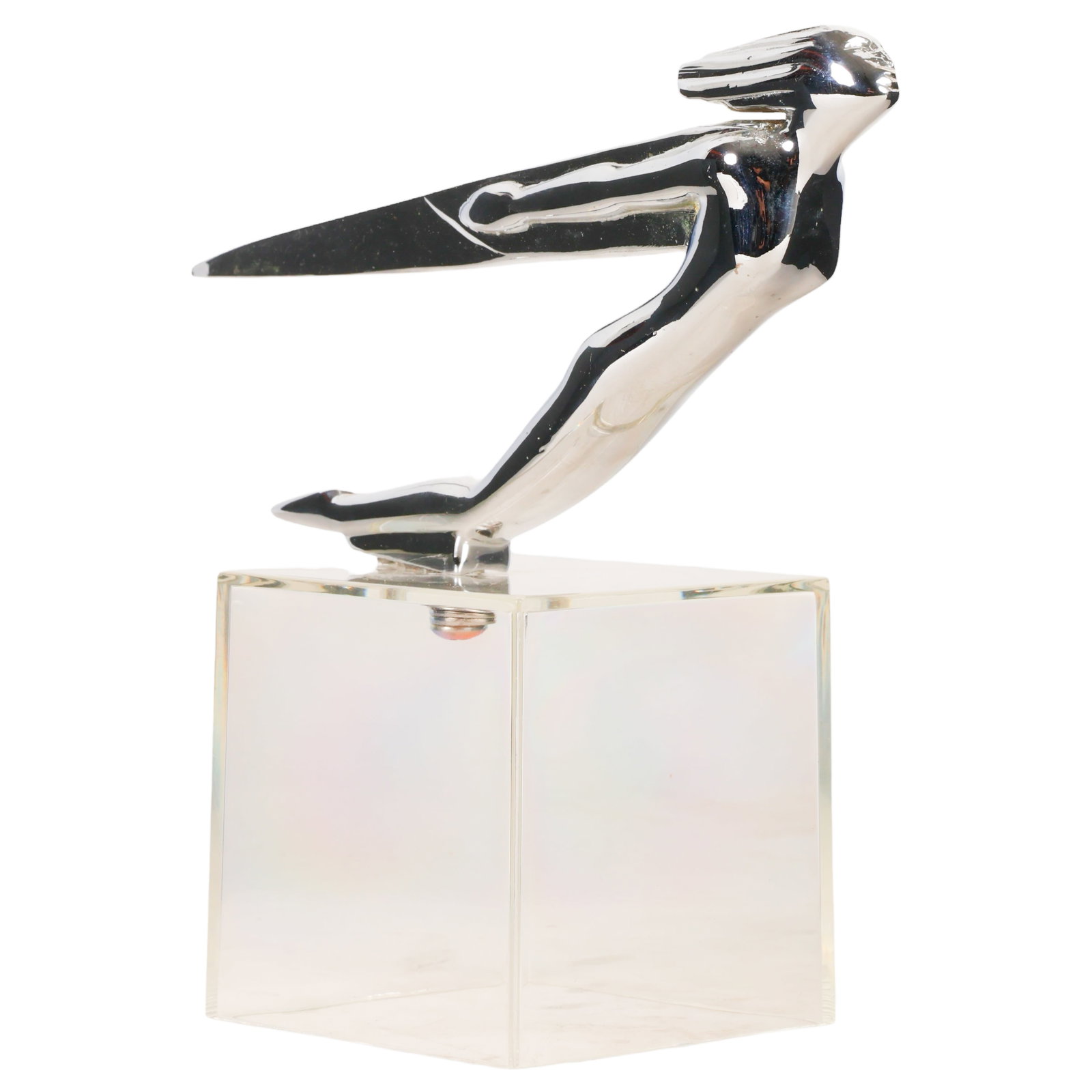 Auburn Automobile Co Art Deco Car Mascot Ornament: Art Deco Auburn automobile hood ornament featuring the iconic Flying Lady, also known as the Winged Goddess. The streamlined mascot depicts a female figure with flowing hair and stylized wings swept