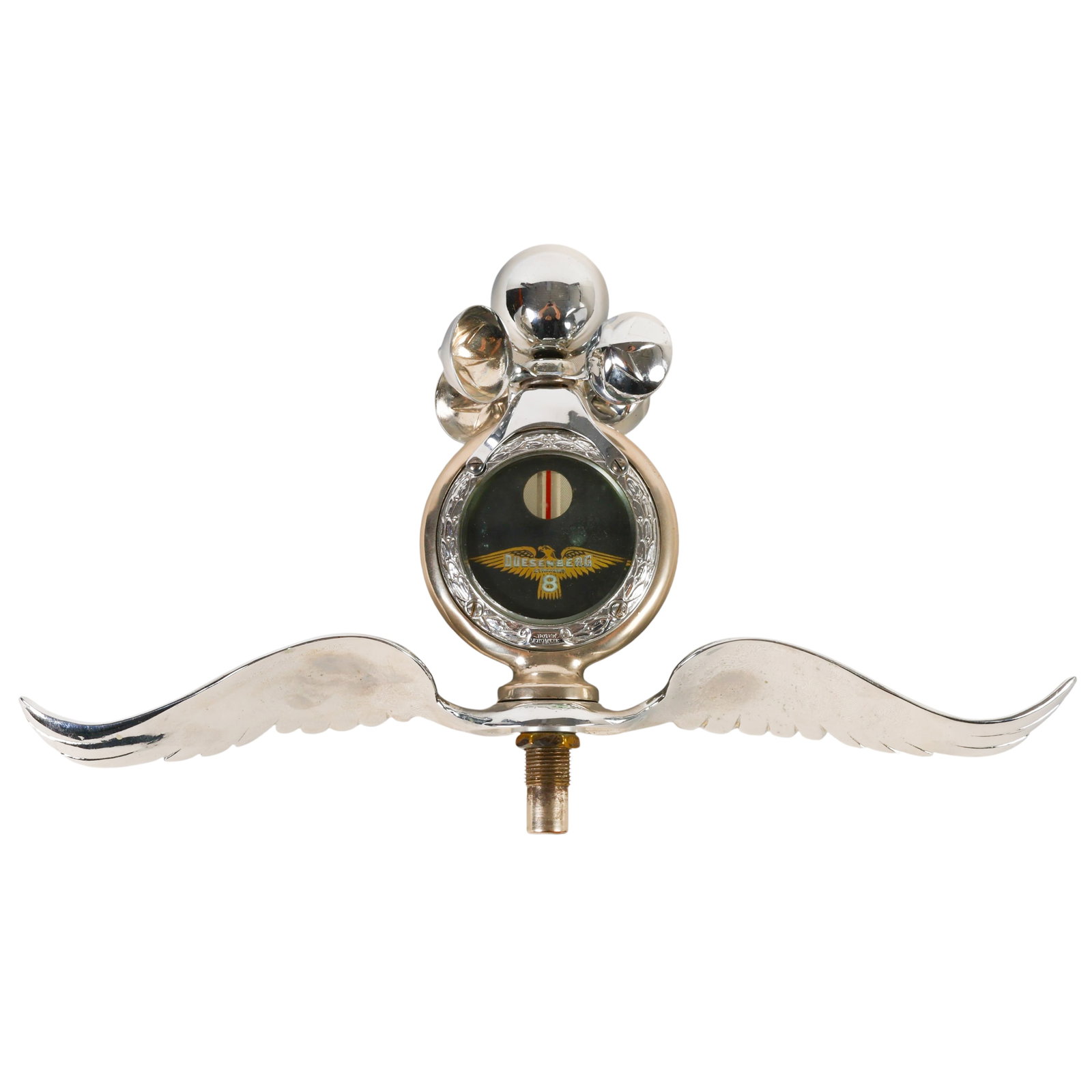 Boyce Motometer Chrome Winged Radiator Accessory: Vintage Boyce Motometer radiator cap thermometer featuring a winged Duesenberg Straight Eight emblem and four-bulb warning indicator. The glass dial displays coolant temperature zones marked Summer,