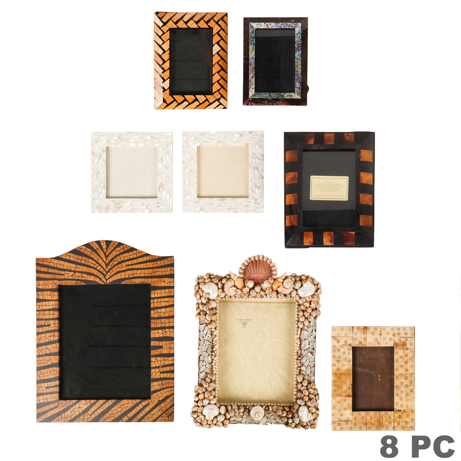 Decorative Inlay Easel-Back Picture Frames 8pc LOT: Estate lot of eight decorative easel-back picture frames by various makers, including examples with shell, mother-of-pearl, bone, and inlaid wood veneers. Three retain maker's marks, including Ray