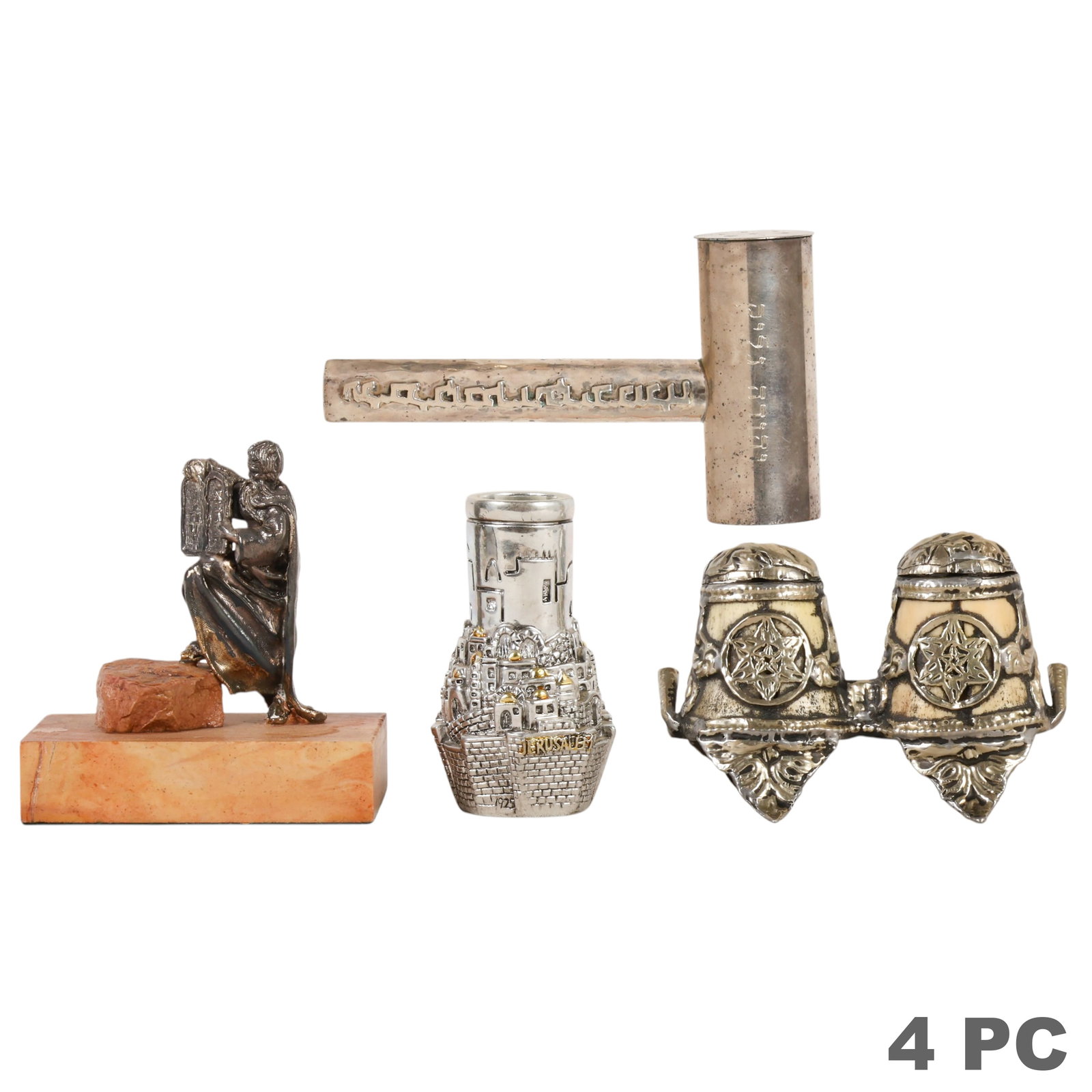Judaic Sterling Silver Moses Jerusalem & More LOT: Lot of four Judaica articles comprising a sterling silver candleholder in the form of the Old City of Jerusalem, marked "Made in Israel" and ".925 Sterling"; a hinged silver and organic material