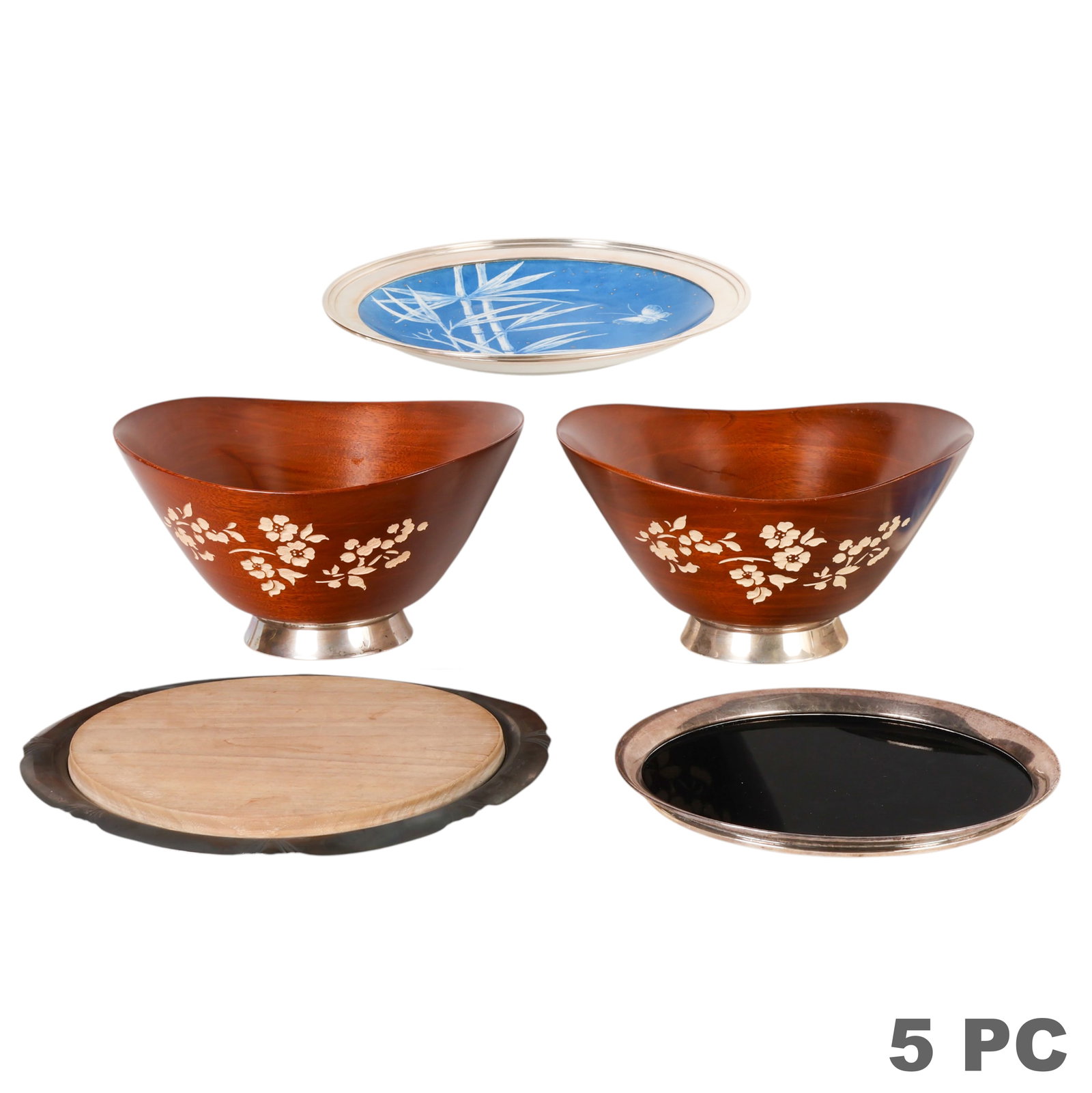 Sterling Silver Wood Bowls and Porcelain Trays LOT: Lot of five sterling silver-mounted decorative table trays and bowls, comprising two Gorham wood salad bowls with sterling silver-mounted bases and floral-etched decoration to the exterior, one
