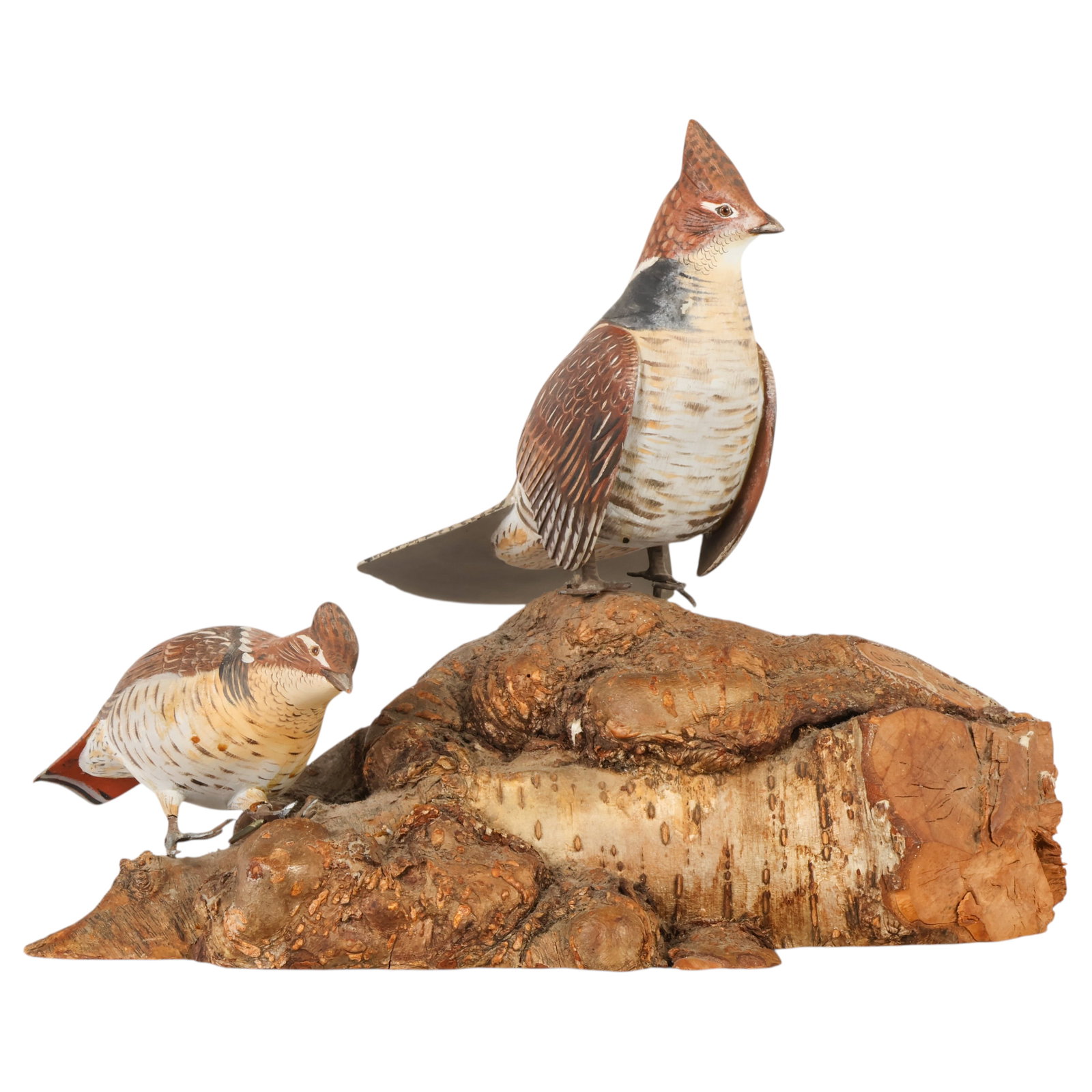 Wendell Gilley 1904-1983 Ruffed Grouse Sculpture: Wendell Gilley (American, 1904-1983), carved and painted wood sculpture depicting two crested Ruffed Grouse perched on a natural burl wood base. The birds are finely hand-carved and painted with