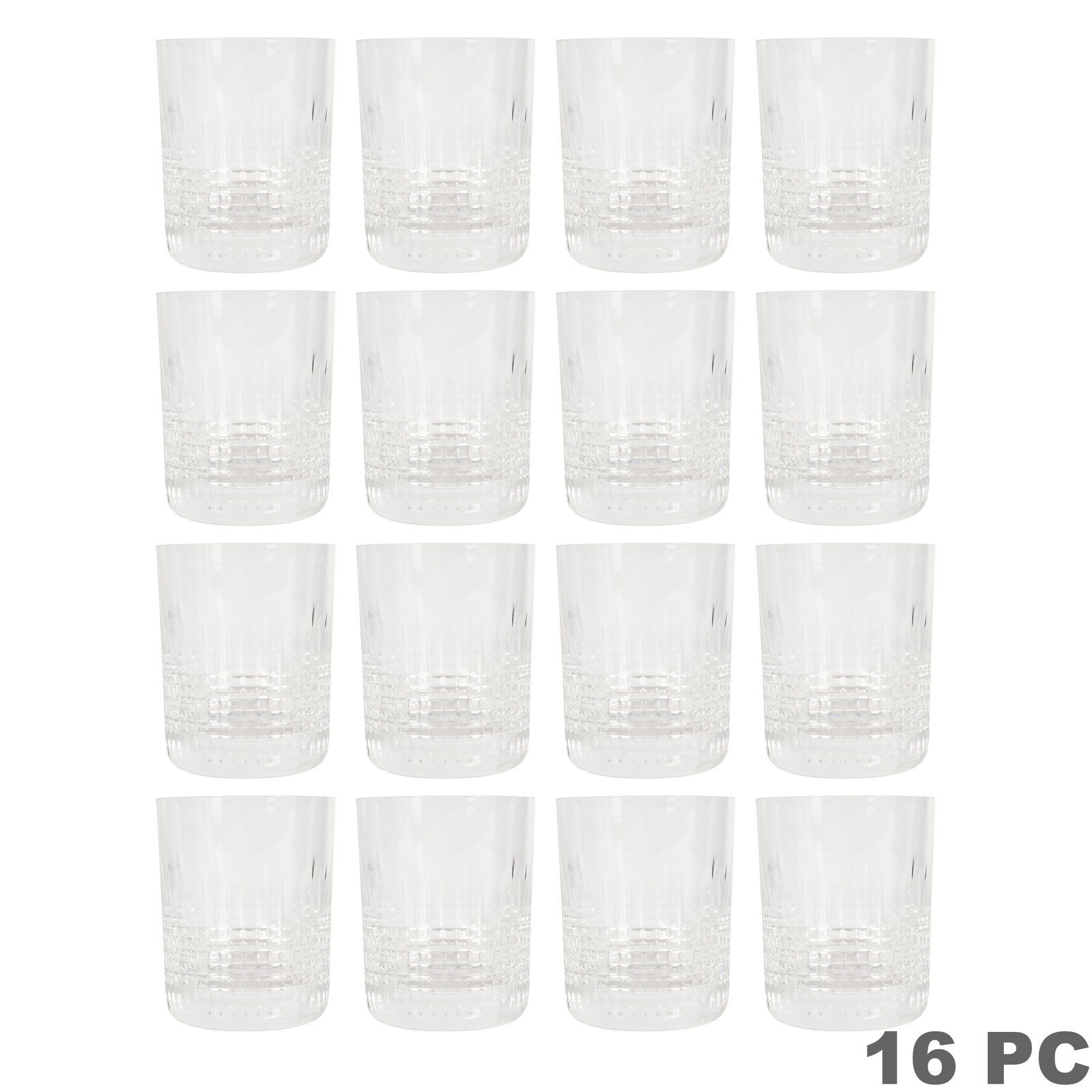Baccarat Nancy Double Old Fashioned Tumblers 16pc: Baccarat set of sixteen crystal double old fashioned tumblers in the Nancy pattern, each featuring a cylindrical form with vertical and horizontal cut decoration and a heavy molded base. Each signed "