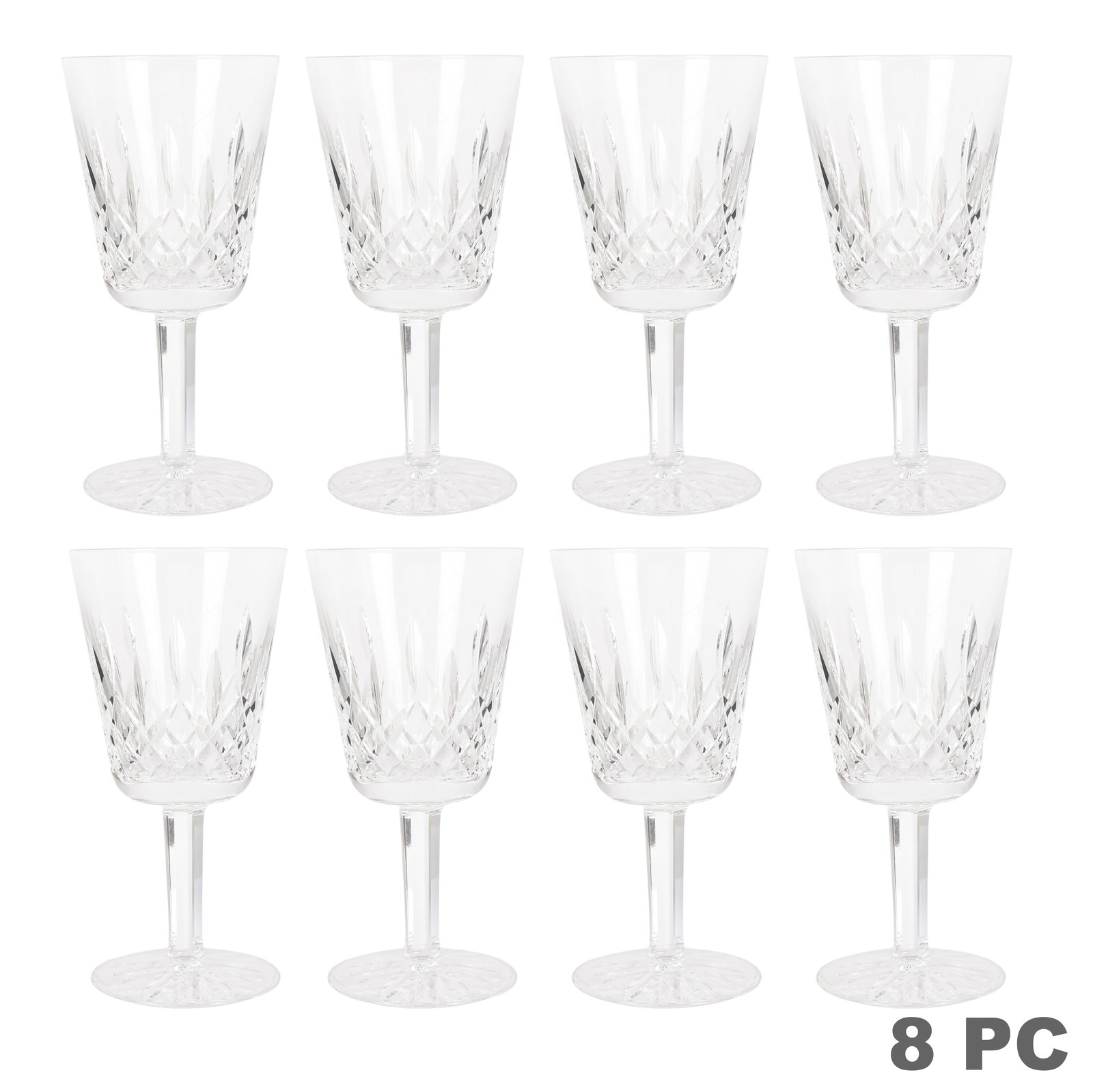 Waterford Lismore Cut Crystal Wine Glasses 8pc SET: Set of eight Waterford Crystal Lismore pattern wine glasses, each featuring the iconic diamond and wedge cut decoration with a faceted stem and radiating star-cut foot. Acid-etched Waterford marks to 