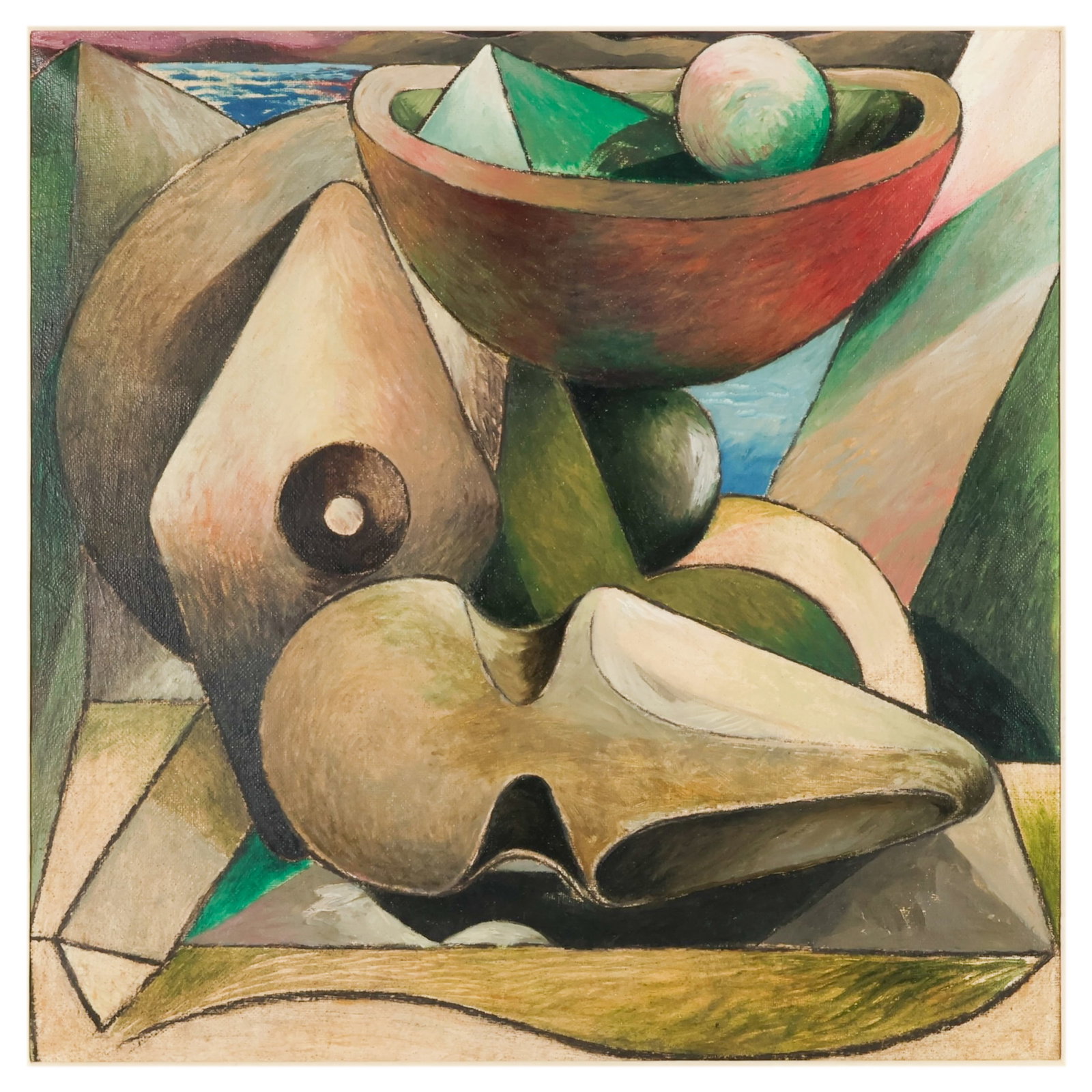 Luigi Campanelli b1943 Abstract Geometric Painting: Luigi Campanelli (Italian, born 1943), Agglomero con Marina, oil on burlap depicting an abstract composition of geometric forms and marine-inspired elements in muted blue, green, gray, and earth tones