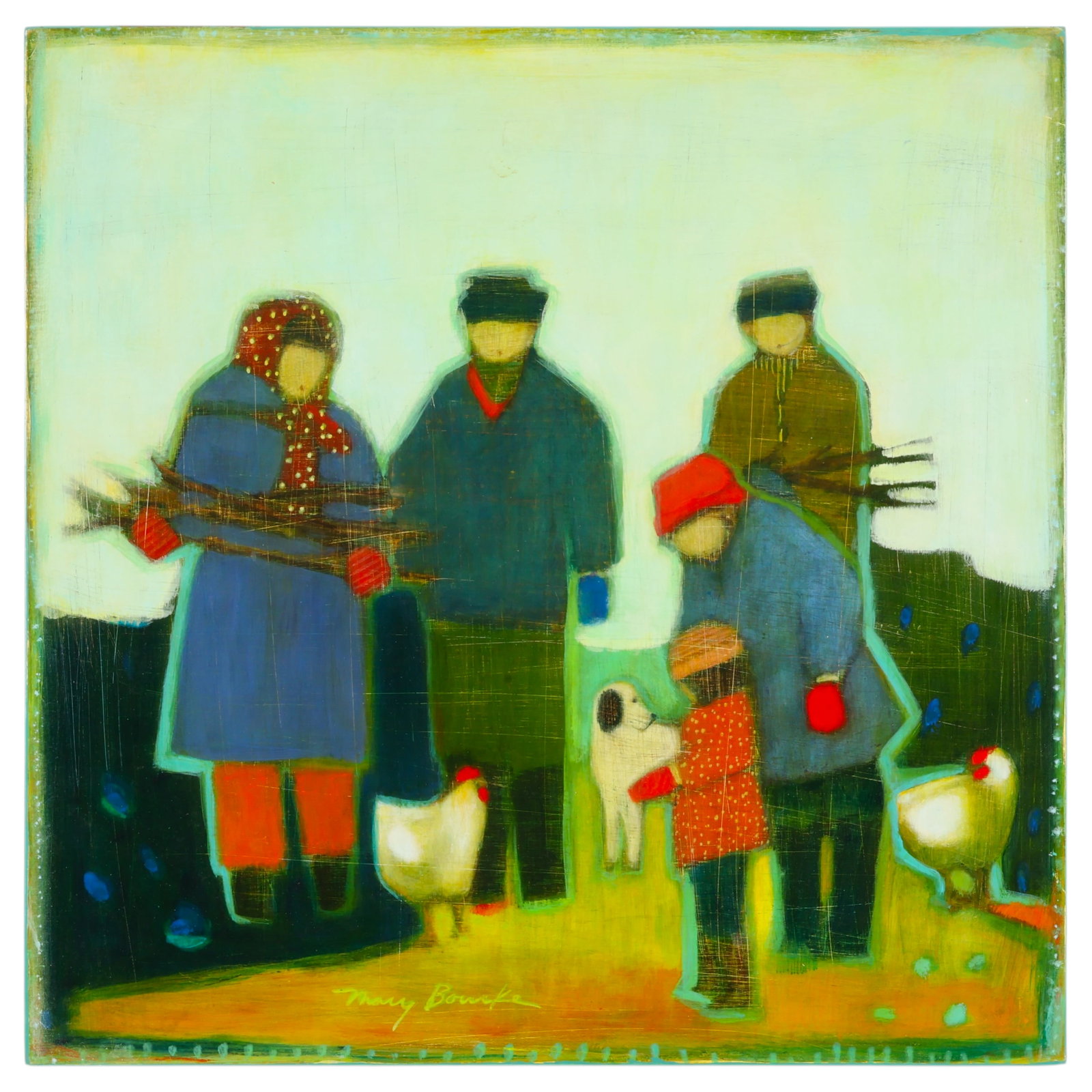 Mary Bourke b1954 Figures Collecting Wood Painting: Mary Bourke (American, born 1954), Collecting Firewood, acrylic on boxed panel depicting a stylized rural family gathering firewood with chickens and a dog in a pastoral landscape. Executed in the art
