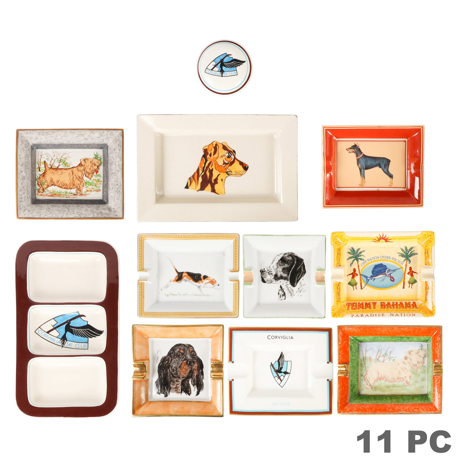 Hermes Limoges and MORE Porcelain Dog Ashtrays LOT: Lot of eleven porcelain and ceramic trays, ashtrays, and table accessories with hand-painted and gilt accents, comprising one Hermes Paris "Chasse" porcelain tray or ashtray signed "JF" and marked Her