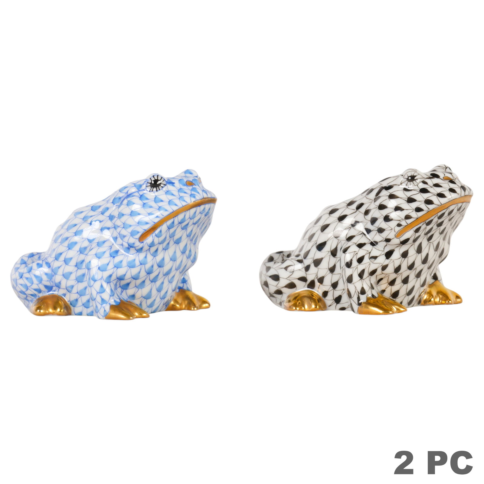 Herend Porcelain Blue & Black Fishnet Frog 2pc LOT (1 of 6)