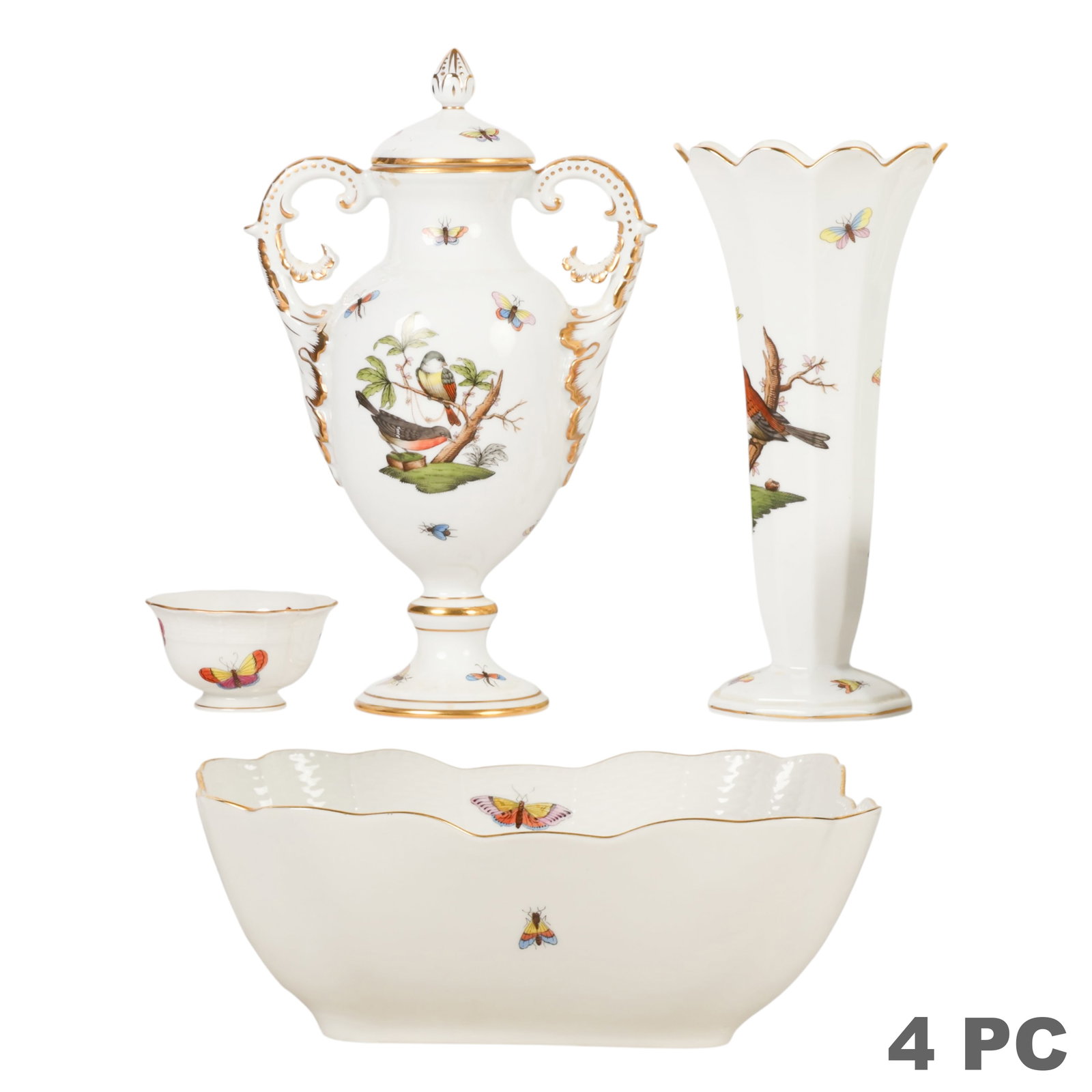Herend Porcelain Rothschild Vase Bowls and Urn LOT: Estate lot of four Herend Hungarian hand-painted porcelain pieces in the Rothschild Bird pattern with polychrome birds, butterflies, insects, and gilt accents. The lot includes a square scalloped bowl