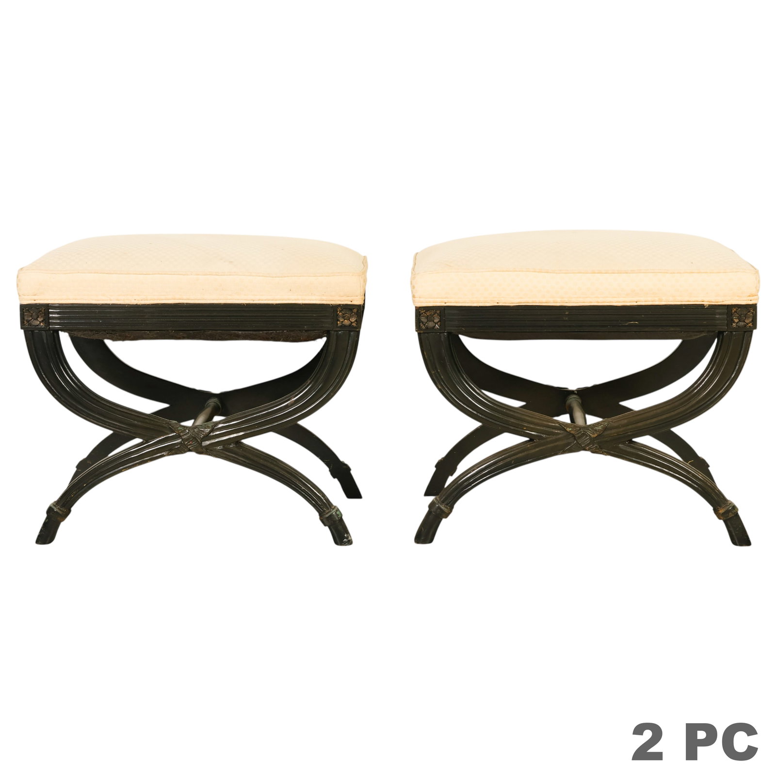 Pair of Hollywood Regency Style Wooden X Benches: Pair of Hollywood Regency style X-form benches crafted in wood, each featuring gracefully curved ribbon-and-reed inspired bases characteristic of 1960s interior design. The seats are upholstered in a 