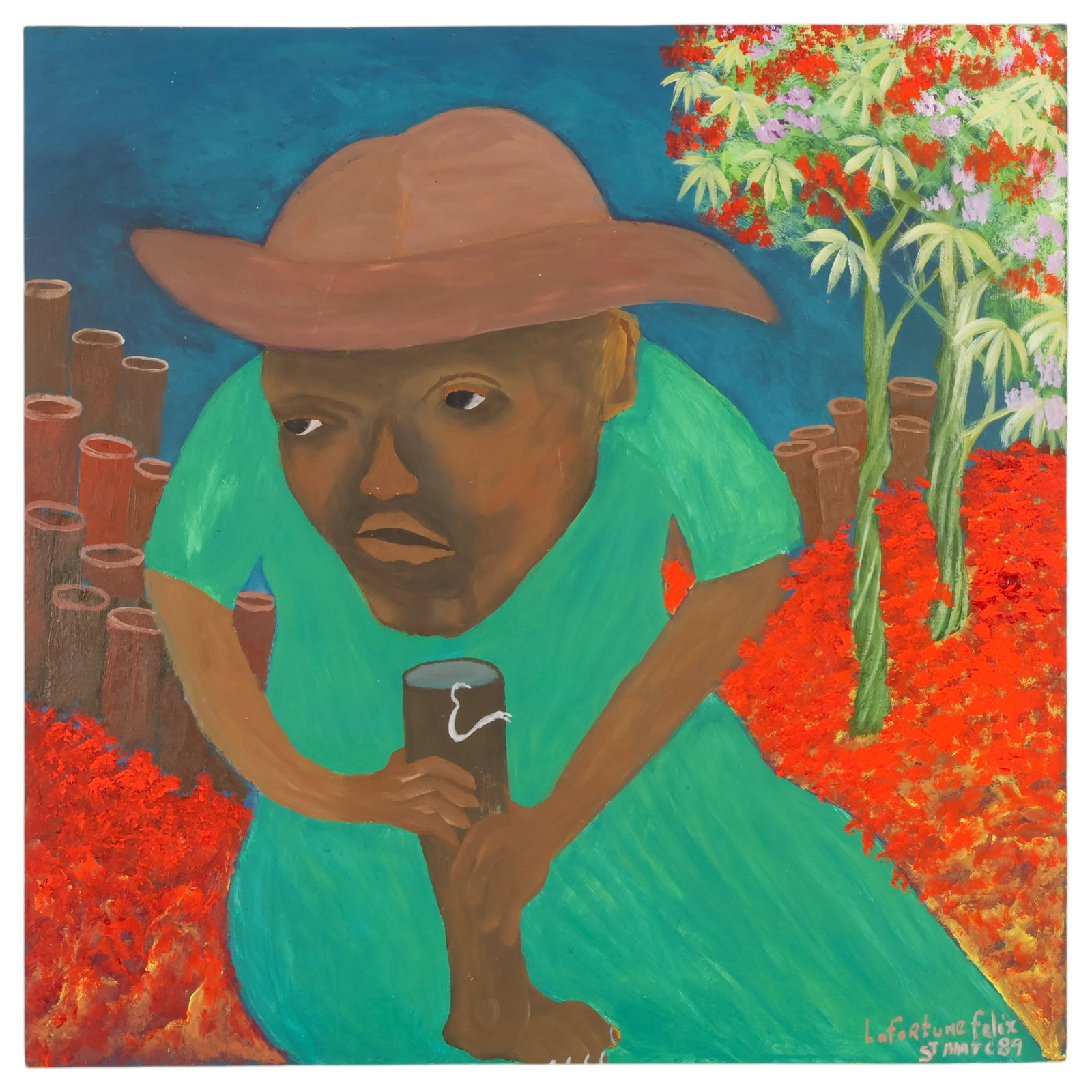 Lafortune Felix 1933-2016 Voodoo Ritual Painting: Lafortune Felix (Haitian, 1933-2016), acrylic on Masonite board depicting a crouching figure wearing a broad-brimmed hat and green garment while holding a Vodou ritual object resembling a hollowed leg