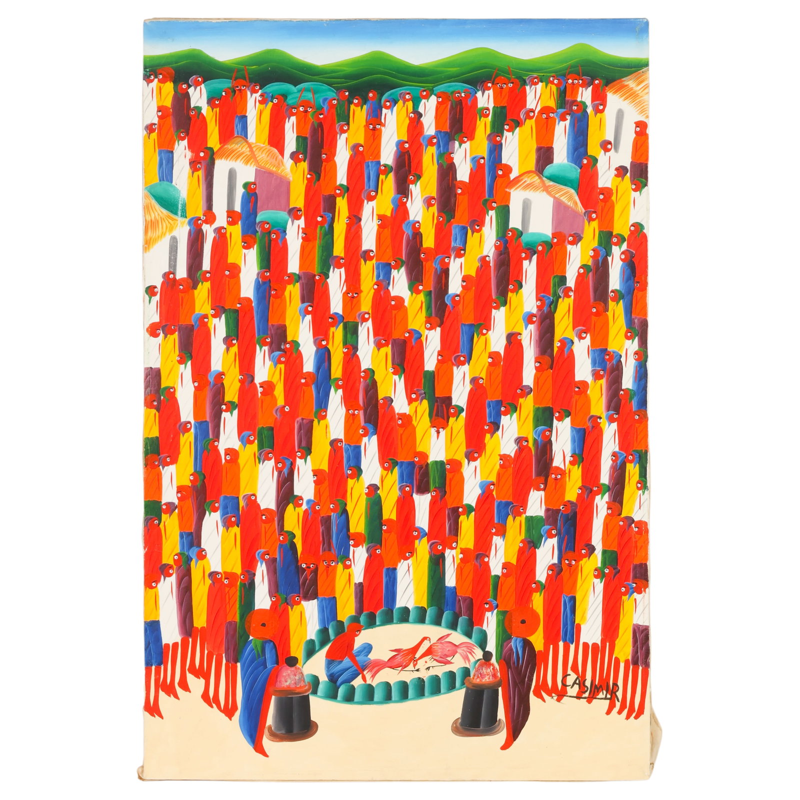 Laurent Casimir 1928-1990 Cockfight Scene Painting: Laurent Casimir (Haitian, 1928-1990), oil on canvas depicting a village gathering rendered in the artist's characteristic folk art style with elongated figures dressed in vibrant red, yellow, blue, gr