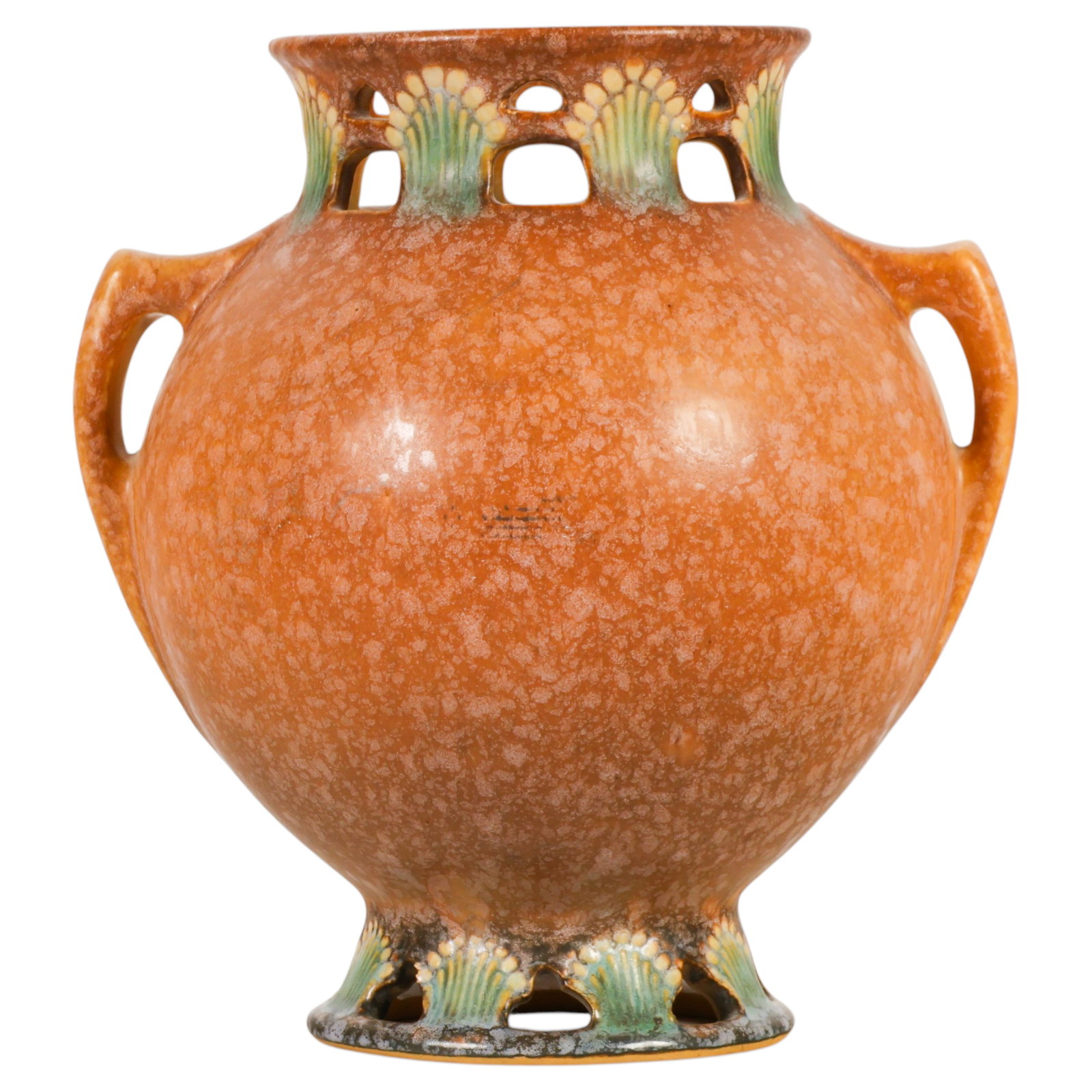 Roseville Pottery Ferella 1930's Art Pottery Vase: Roseville Pottery Ferella art pottery vase, circa 1930, featuring a mottled brown matte glaze with green and cream stylized floral decoration. The vase has twin loop handles, an openwork pierced neck 