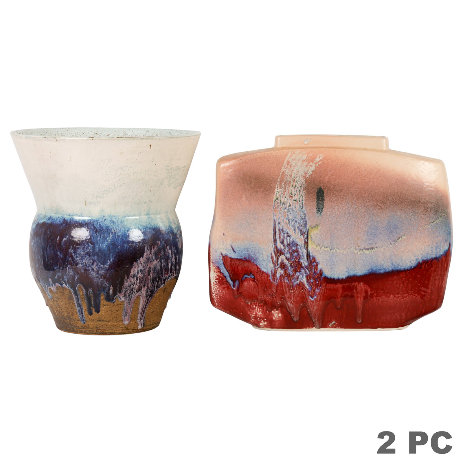 Vintage Glazed Studio Art Pottery Vases 2pc LOT: Lot of two studio art pottery floor vases. The first is a baluster-form floor vase with a flared rim, decorated with a cream-speckled glaze over flowing blue, purple, and black drip glazes, leaving th
